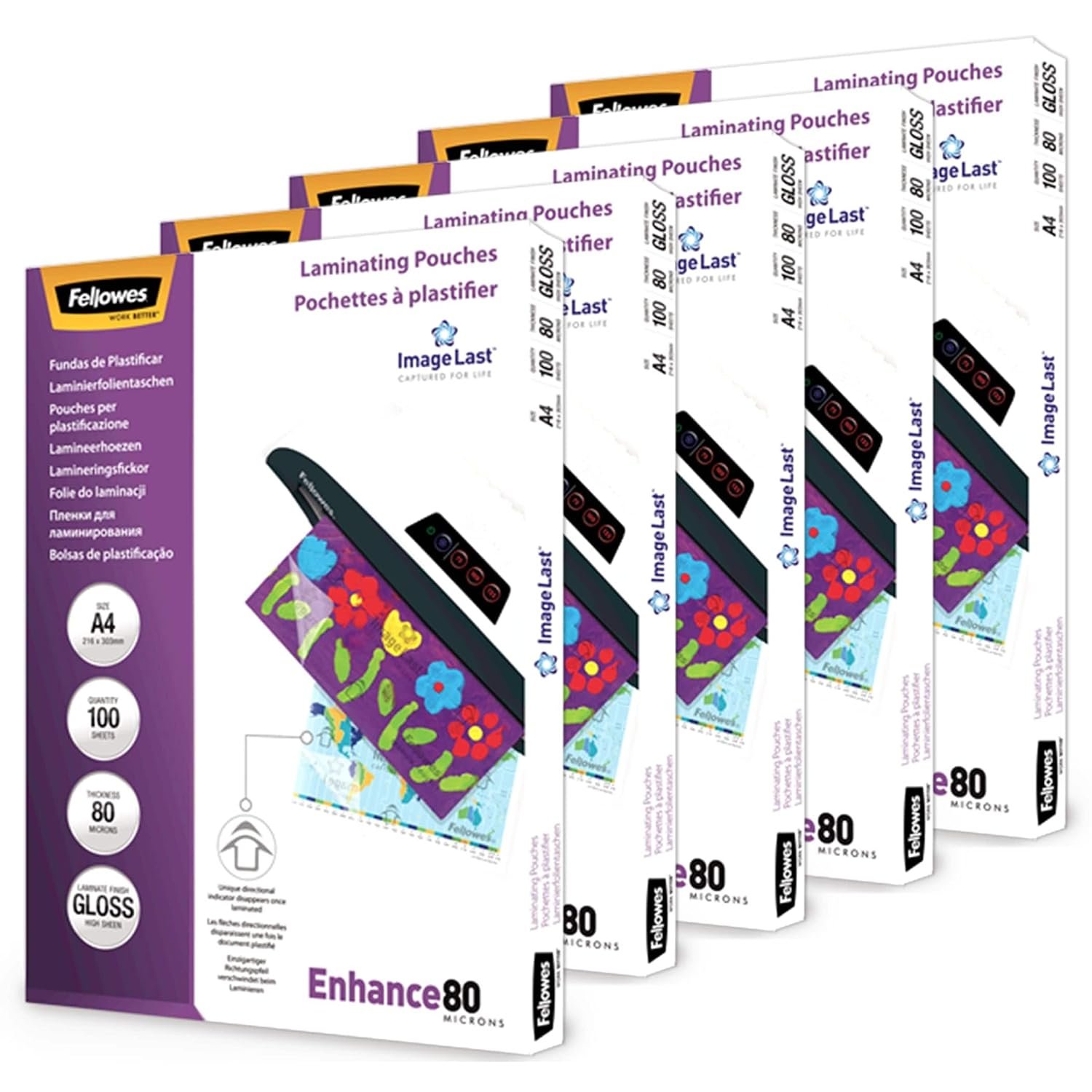 Fellowes A4 Laminating Pouches - Gloss Finish - 500 Sheets (5x100 Sheets), 160 Micron (2x80) Clean & Durable Lamination Pouch with ImageLast Directional Mark - Ideal for Photos and Notices