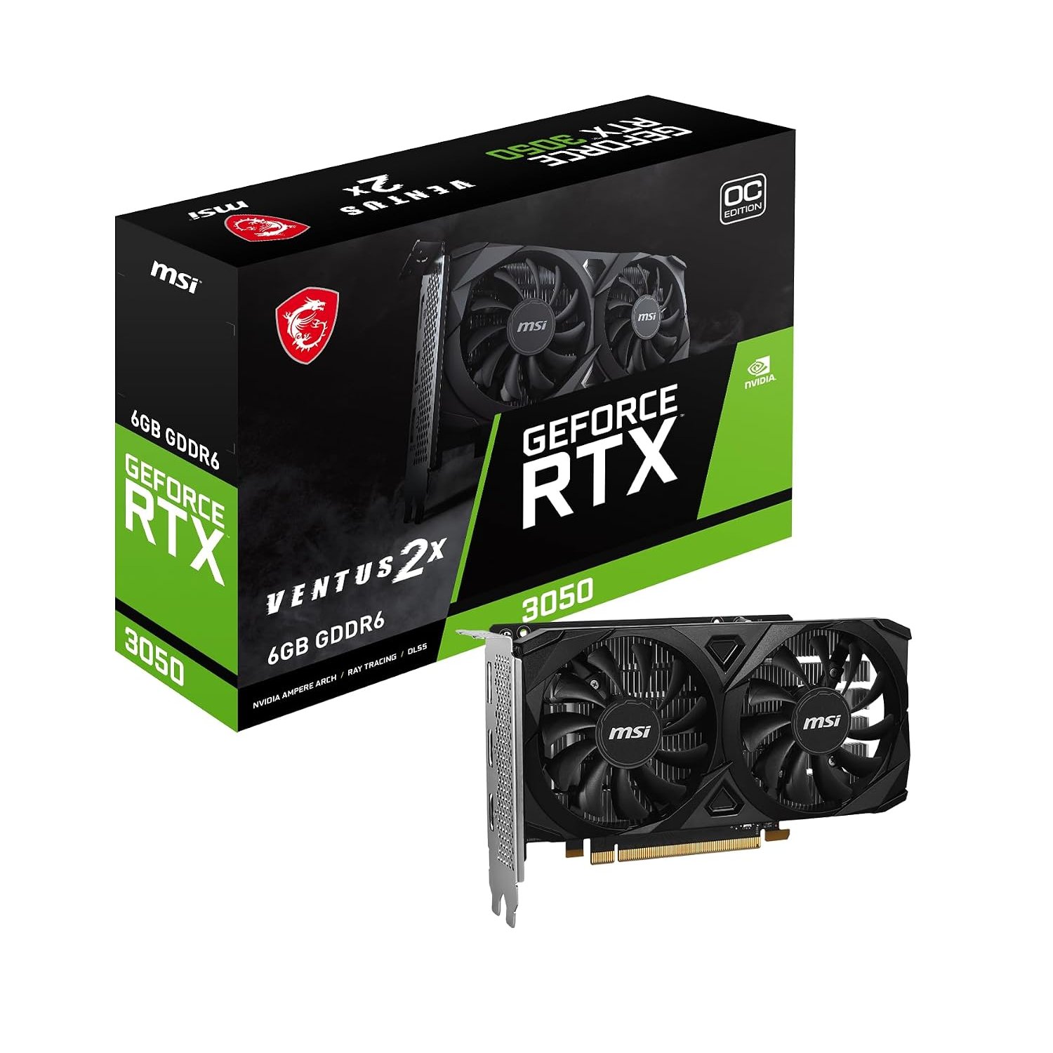 MSI GeForce RTX 3050 VENTUS 2X E 6G OC Gaming Graphics Card - 6GB GDDR6, 1492 MHz, PCI Express Gen 4, 96-bit, 1x DP (v1.4a), 2x HDMI 2.1 (Supports 4K)