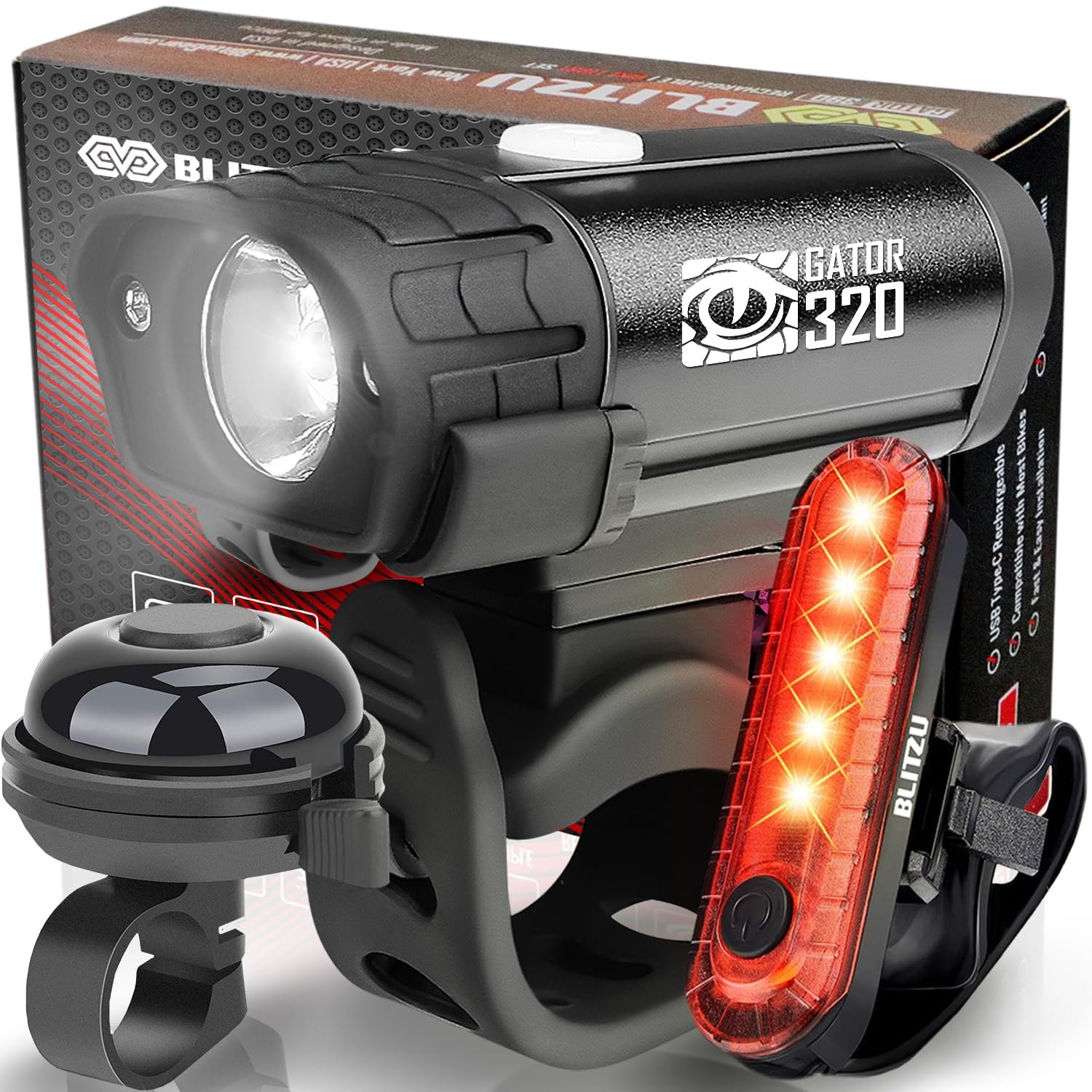BLITZU Gator 320 Bike Lights, Bicycle Light Front and Back for Night Riding. USB-C Rechargeable Headlight Rear Taillight & Bell Set. Cycling Accessories Men Women Kids. Gift for Dad, Mom, Boys, Girls