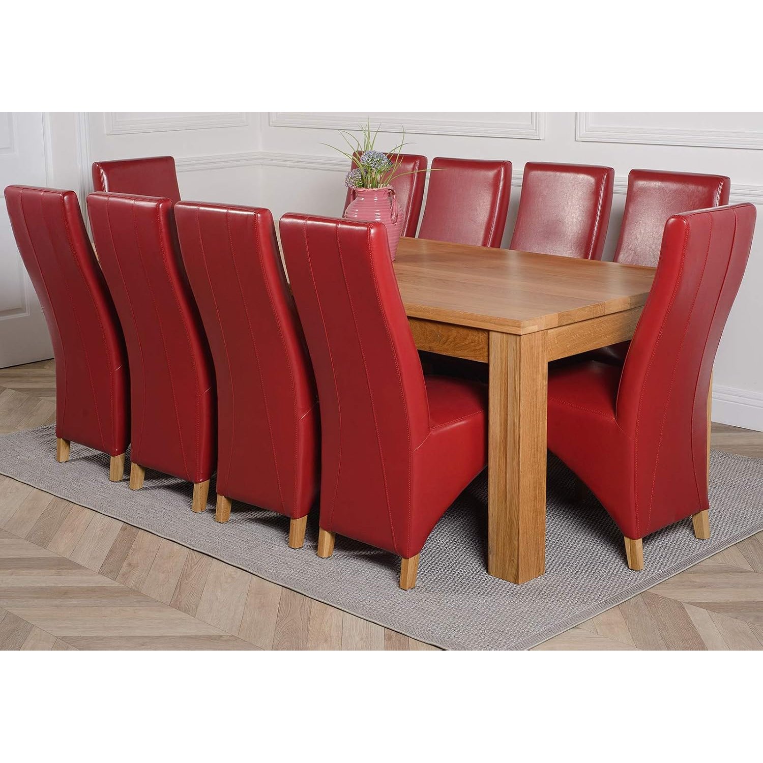 Oak Furniture King Solid Oak Dining Table & Chairs Set 10 Seater Dining Set – Dakota 222 x 102 cm Table & Lola Upholstered Burgundy Leather Chairs, Wooden Kitchen Furniture, Natural Finish