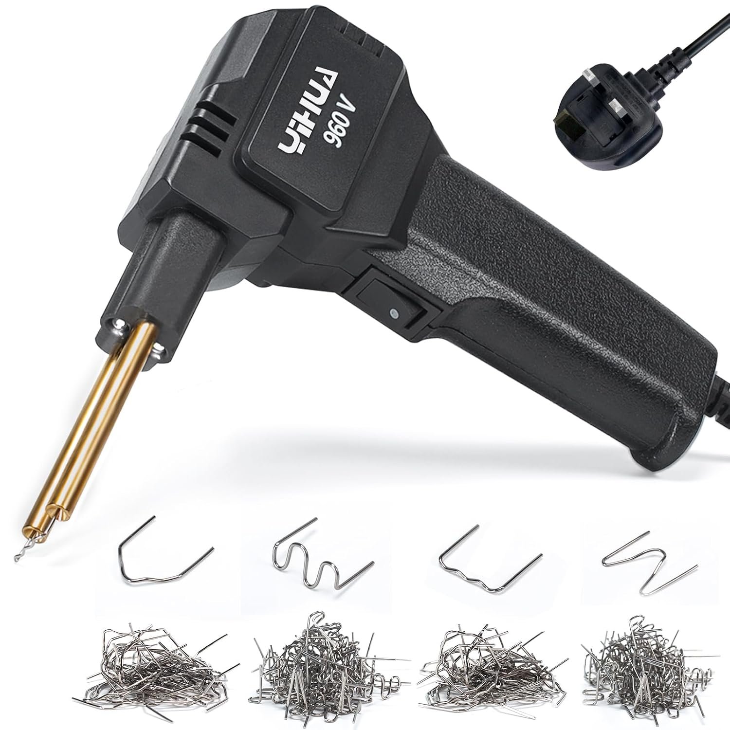 YIHUA 960-V Plastic Welder Plastic Welding Kit with LED Light 200 Hot Staples Assistive Cutter for Repairing Broken Plastic Car Bumper Repair Gas Tank Plastic Repair, Repair Tool for Car Dash(UK Plug)