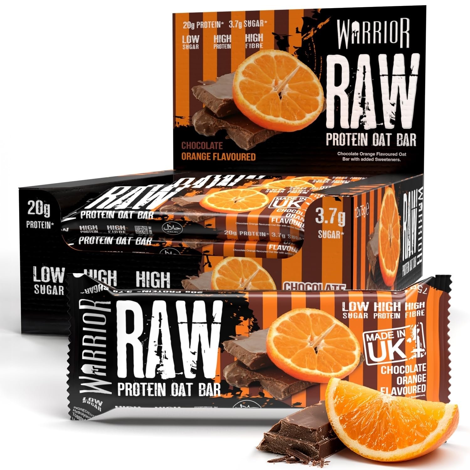 Warrior RAW Protein Bars 12 x 75g – 20g High Protein Bar, Low Sugar High Fibre Oat Protein Flapjack – Protein Snacks, Meal Replacement Bars (Chocolate Orange)