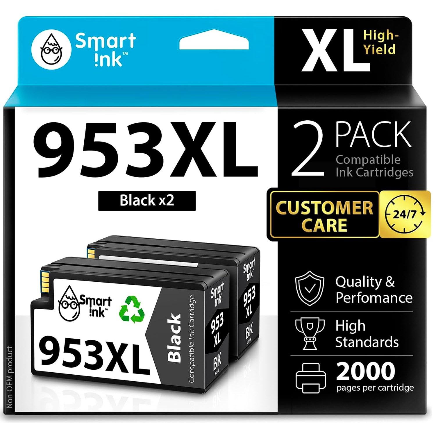Smart Ink Compatible Ink Cartridges Replacement for HP 953XL 953 XL 2 Multipack (2 Black XL Pack) with Advanced Chip Technology to use with HP Officejet pro 7720 7730 7740 8710 8715 8720 8725 Printer