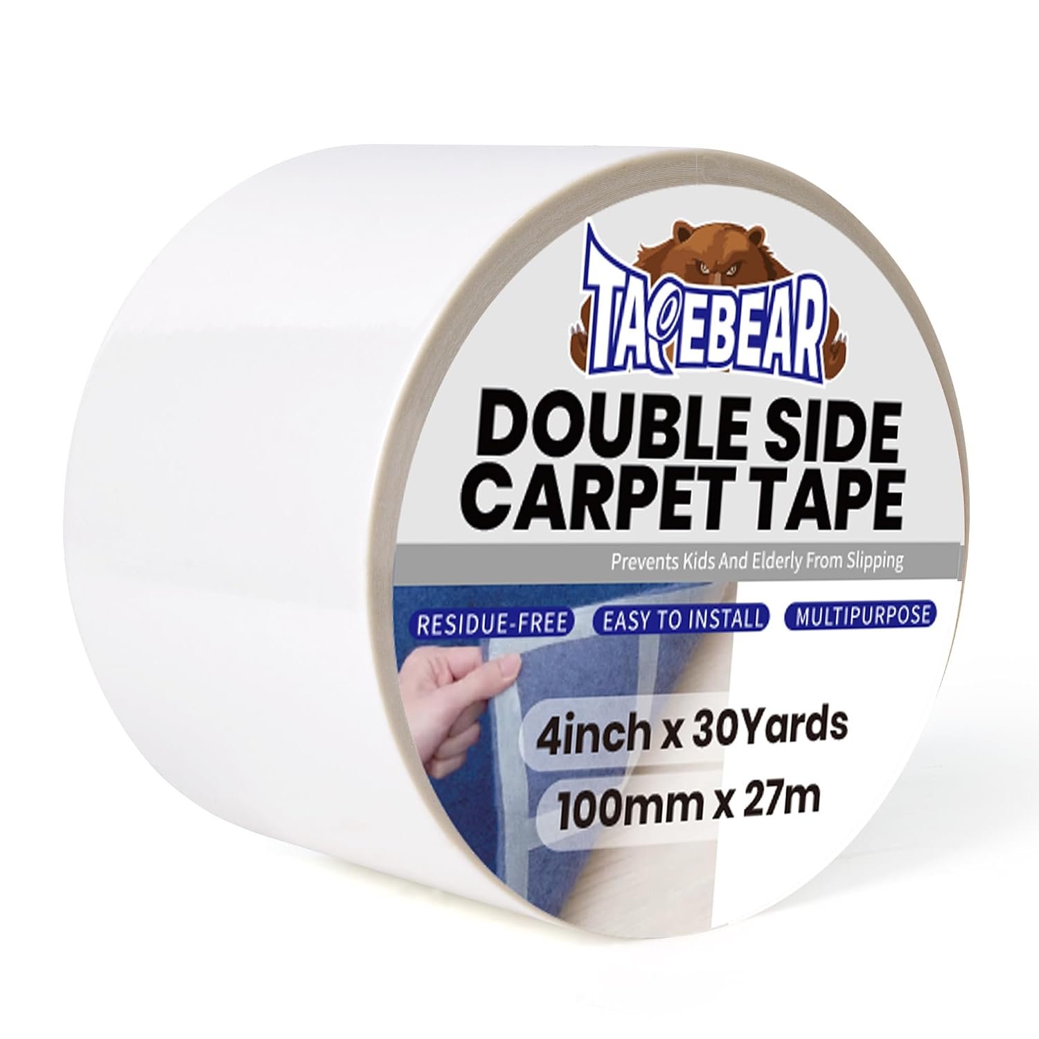 TAPEBEAR Carpet Tape Double Sided 100mm x 27m, Heavy Duty Rug Gripper Anti Slip Anti Curling Floor Tape Residue-Free, Two Sided, Removable, Waterproof for Area Rugs, Mats, Strong Hold for Tile,White