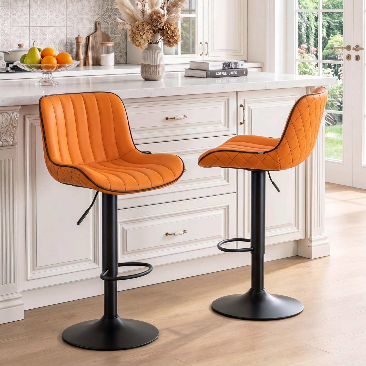 YOUNUOKE Orange Bar Stools Modern Design PU Leather Seat Counter Height Barstool Set of 2 with Backrest 360° Swivel Height Adjustable Bar Chairs Extra Large Base for Breakfast Kitchen Island Pub
