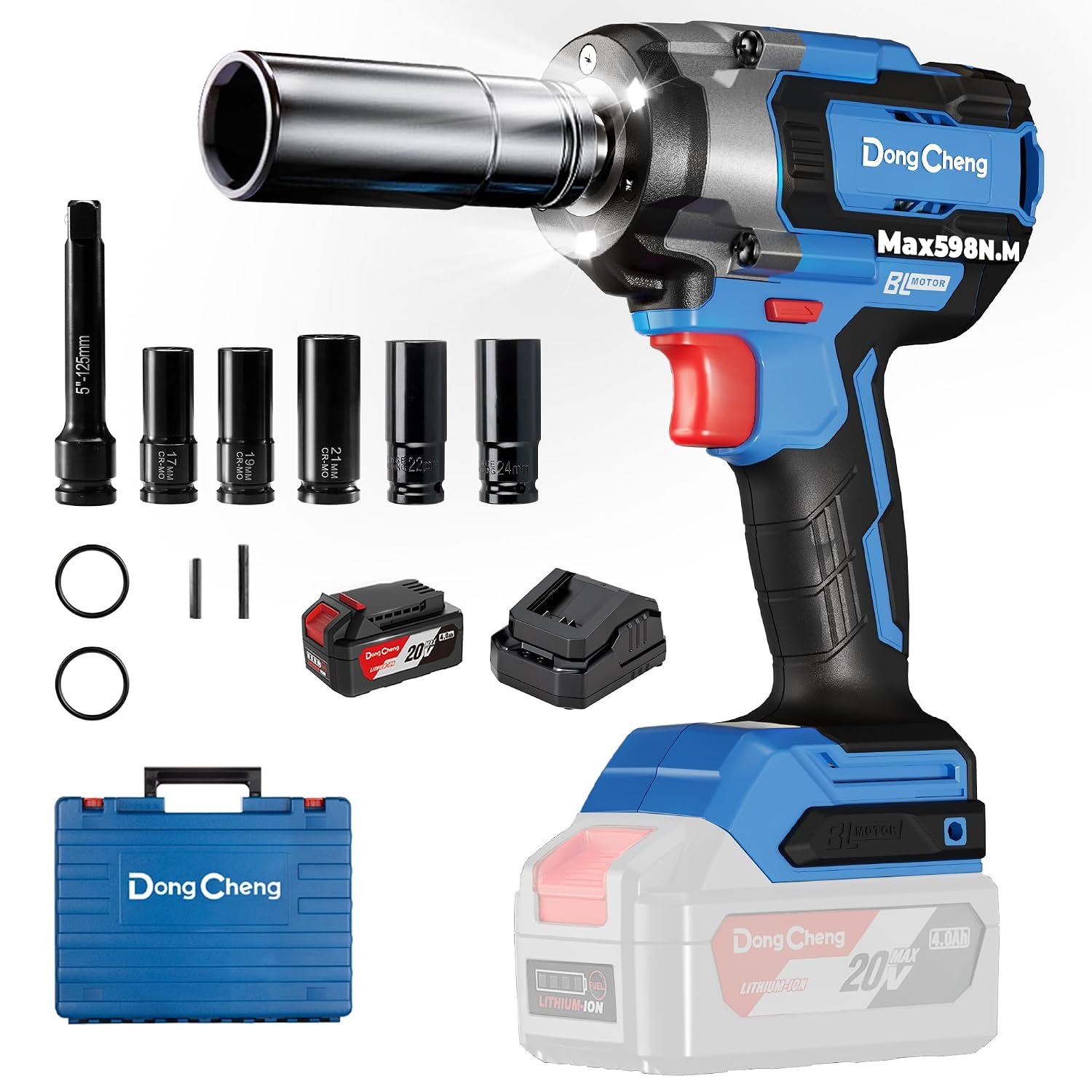 Dong Cheng 20V Brushless Impact Wrench, 800 N.m(590ft-lbs), 1/2 Inch Cordless Impact Gun, 4 Speed Mode & Smart Mode, with 5 Impact Sockets, Extension Bar, 4.0Ah Battery, and Storage Box