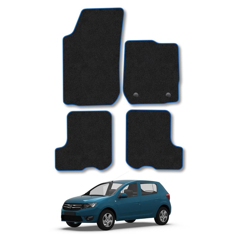 Dacia Sandero (2013-2020) Car Mats Accessories Tailored Fit Carpet Floor Mats Non Slip Blue Trim Full Coverage Compatible Accessory Granulated Backing Front Rear Set Anti Slip Hand-Finished Clips