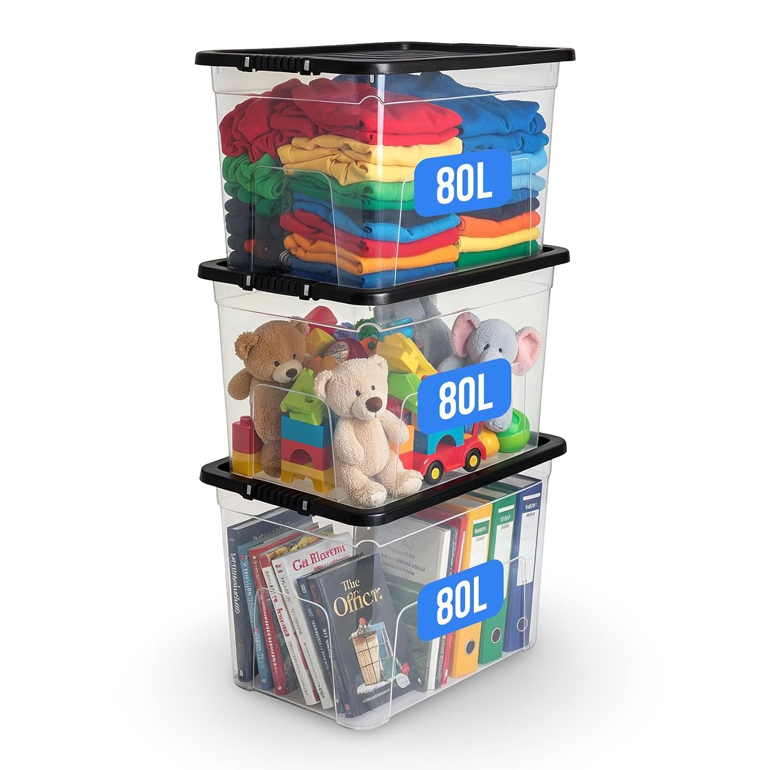 KAPCO 80L Plastic Storage Box with Black Lid (Pack of 3) | Large, Stackable, Strong, Durable Clear Box Containers for Home & Office | Multipurpose Storage Tubs | 57 x 40 x 40cm | 80 Litre - 3 Pack