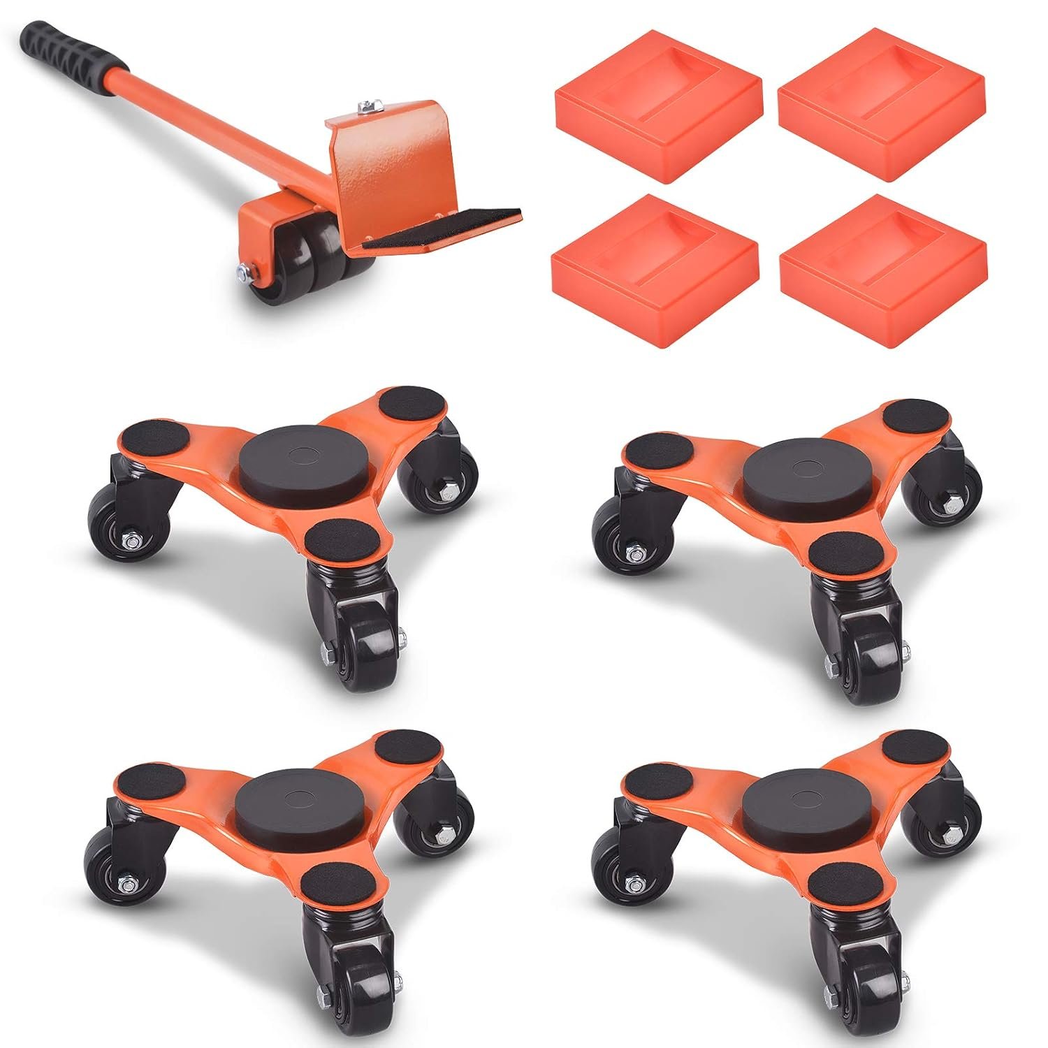 Ronlap 6-Inch Steel Tri-Dolly, 3-Wheel Furniture Mover's Dolly with Lifer, Heavy Furniture Moving Rollers, 200 KG Capacity 4 Pack (Orange)