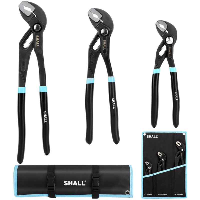 SHALL 3-Piece Groove Joint Pliers Set (12, 9-1/2, 7 Inch), Push-Lock Water Pump Pliers in Cr-v Steel, Fast Adjustable Tongue and Groove Pliers with Tool Roll Bag for Home Repair & Plumbing