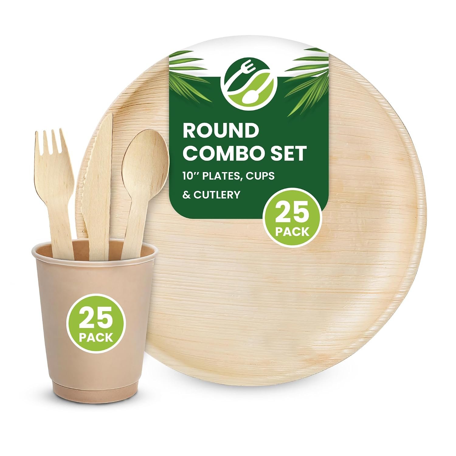 Eco Leaf 125pcs Disposable Palm Leaf Plates, Cups, and Wooden Cutlery Set – 25 Round Plates, 25 Cups, 25 Forks, Knives, and Spoons – Eco-Friendly, Biodegradable, Perfect for Parties, Events