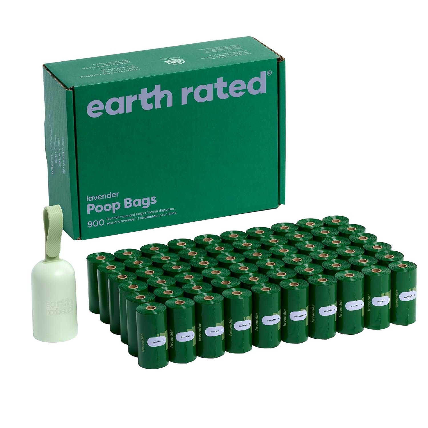 Earth Rated Dog Poo Bag Holder with Dog Poo Bags Rolls, Durable and Guaranteed Leakproof, Lavender Scented, 1 Dispenser and 900 Bags