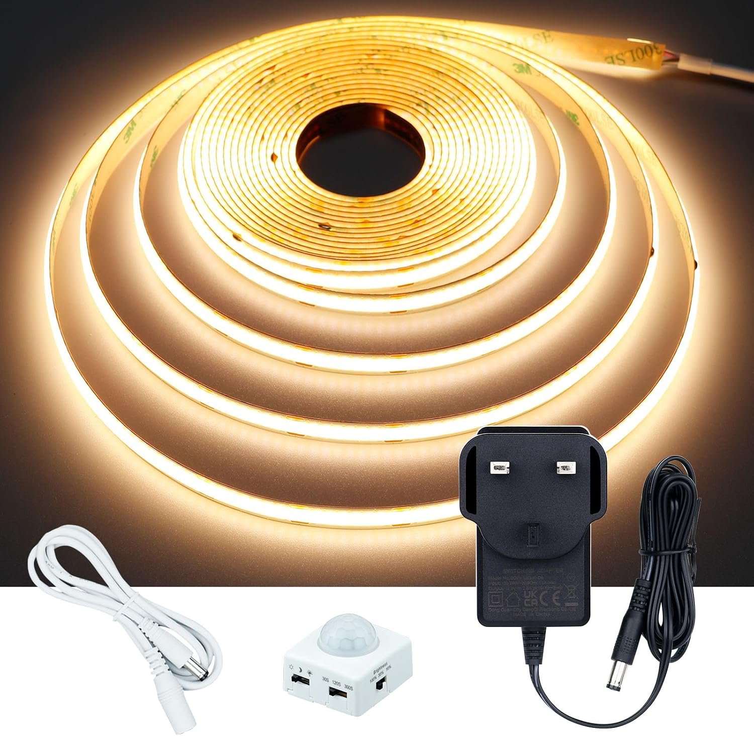 GOMING Motion Sensor COB LED Strip Light 16.4ft(5M) Warm White 3000K CRI 93+ 3 Lighting Modes 3 Timing Off Modes 3 Brightness Modes with Power Adapter for Kitchen Cabinets Stair Showcase Bedroom Bed