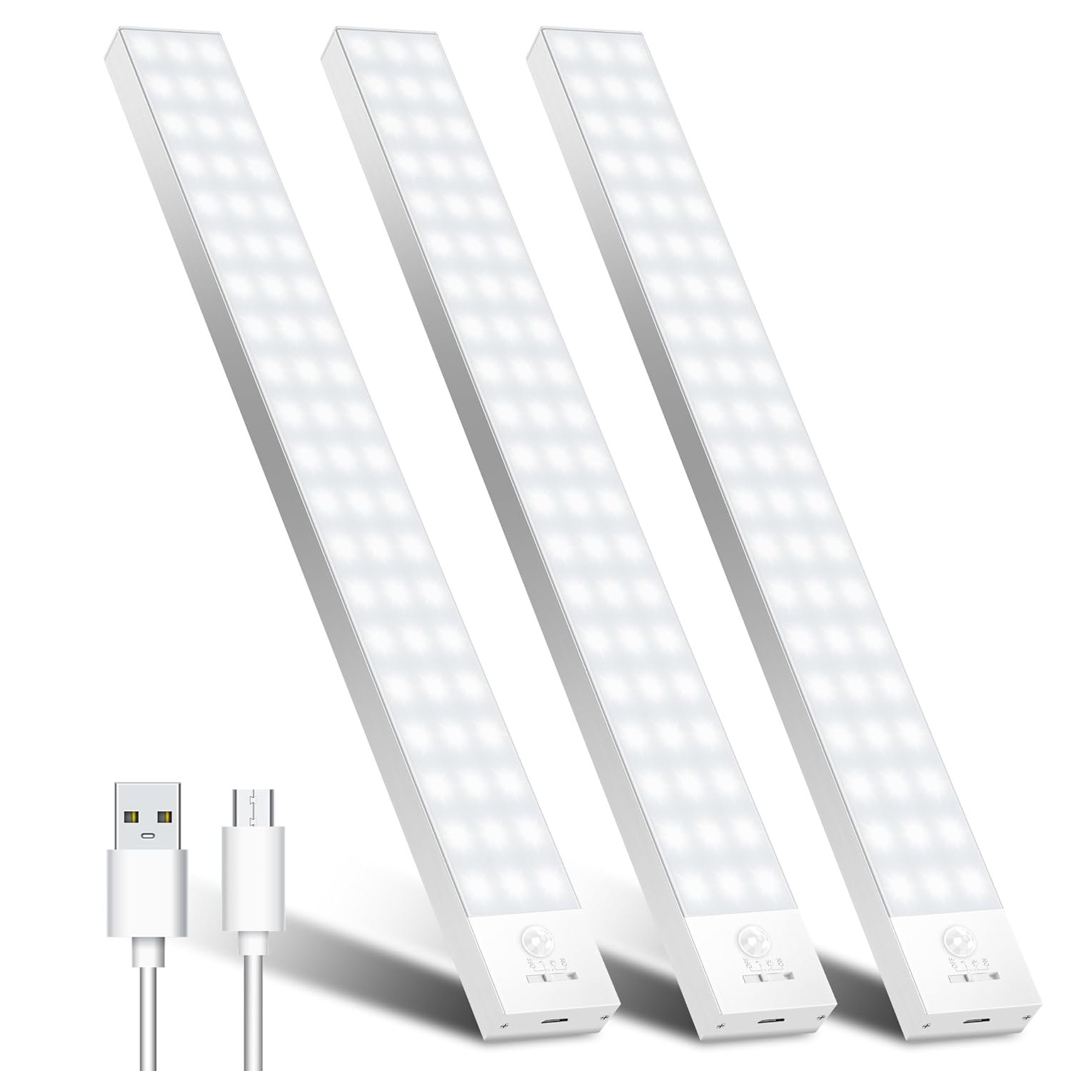 OUILA Under Cupboard Kitchen Lights, 3 Pack 32cm Stepless Dimming Rechargeable Motion Sensor Lights 1500mAh Magnetic LED Lights for Closet Cupboard, 5000K