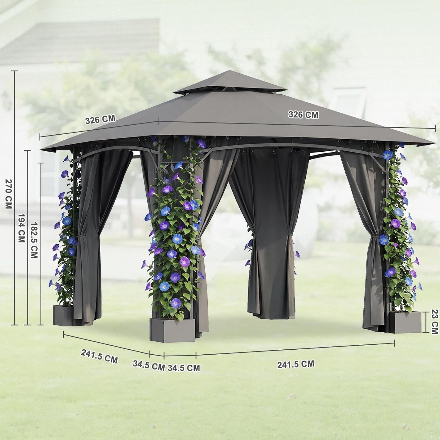 JUMMICO Decorative Gazebo Pergola 3x3m with Sides & 4 Flower Pots, Steel Frame, Foliage Pattern, Double Vent Roof, Waterproof & UV50+, Detachable Curtains for Garden, Patio – Grey