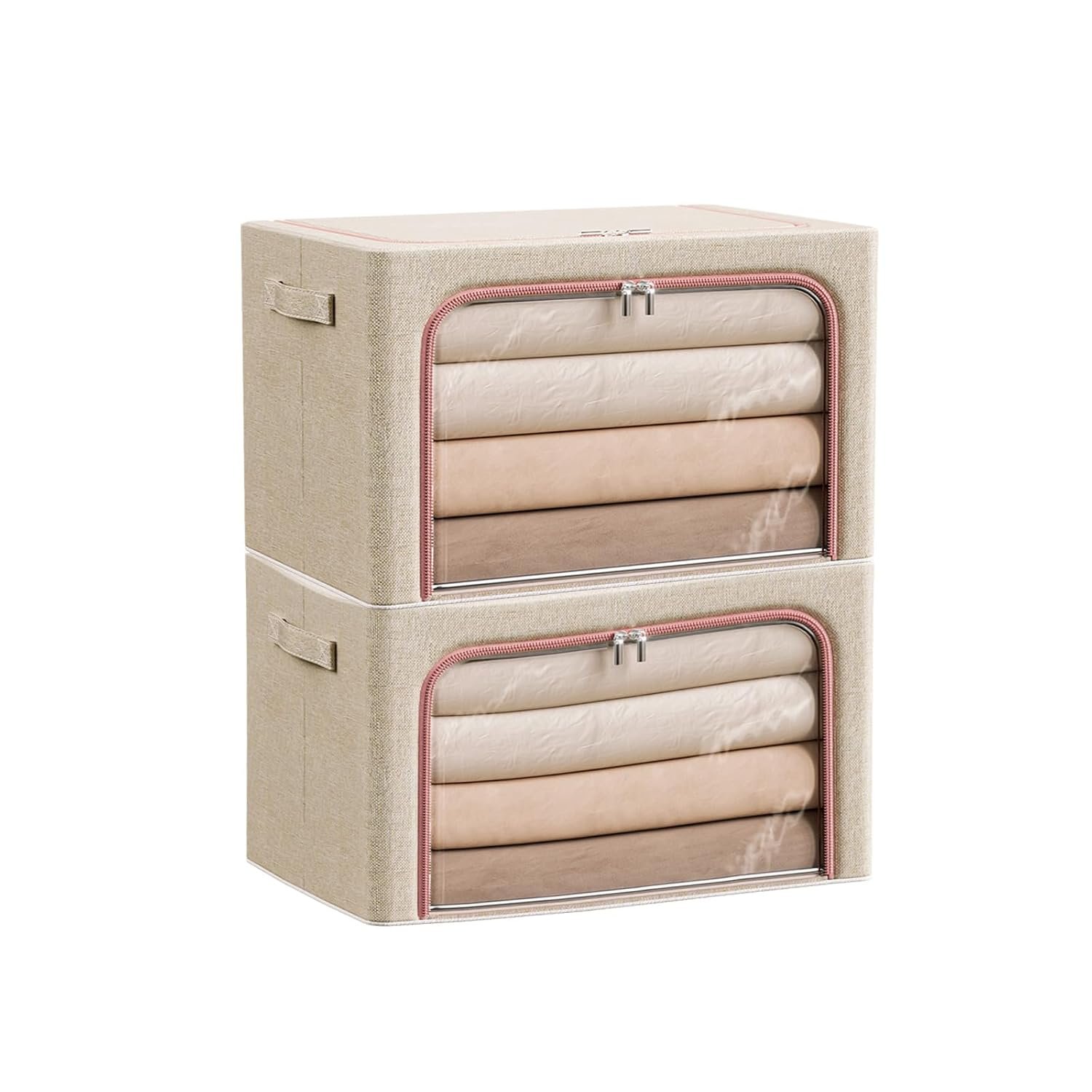 Douzi 2 Pack Clothes Storage Boxes Closet Organizers and Storage, Foldable Cloth Steel Frame Box for Storing Bedding,Blankets-Khaki-22L