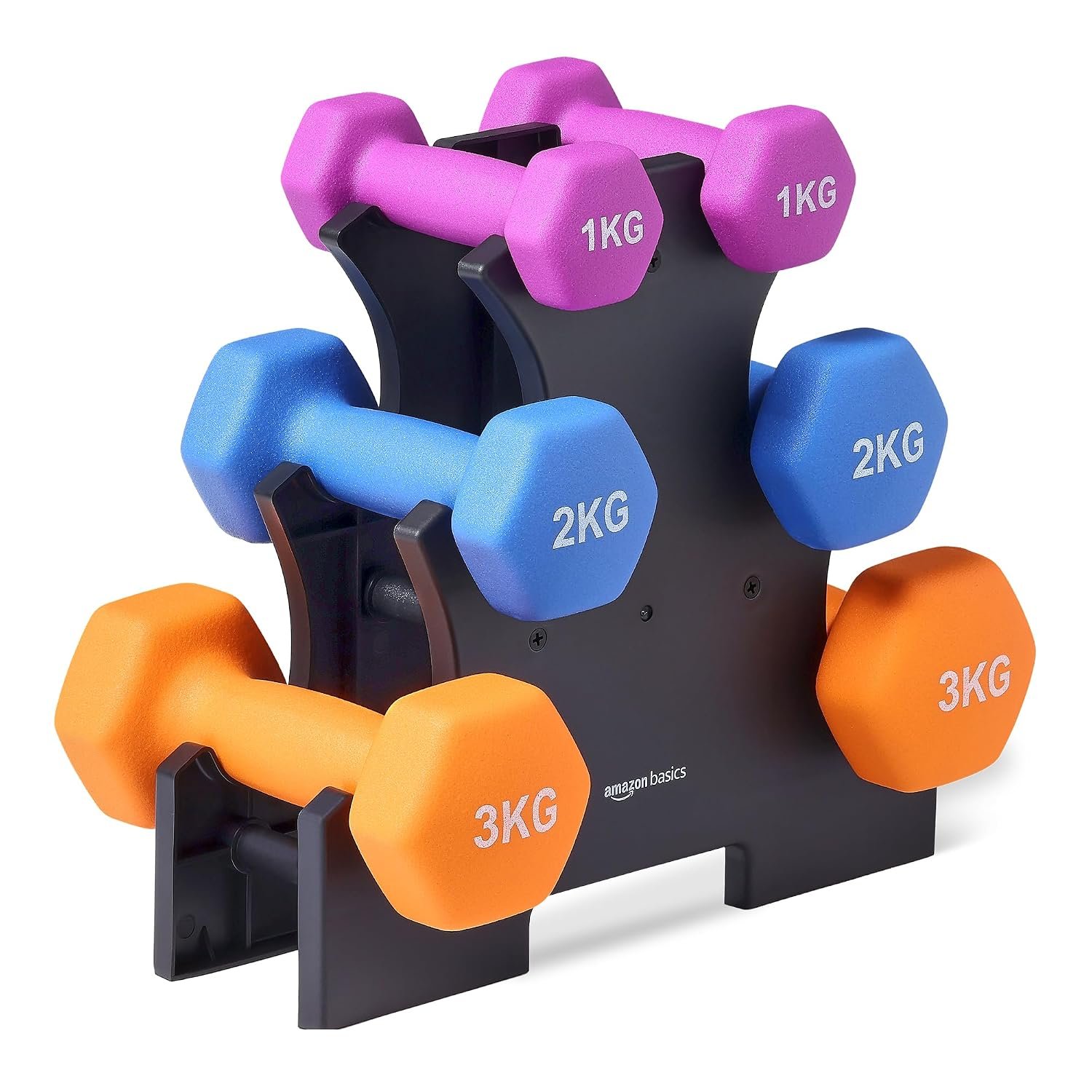 Amazon Basics Neoprene Dumbbell Weights Set with Stand, 1, 2, 3 kg Pairs
