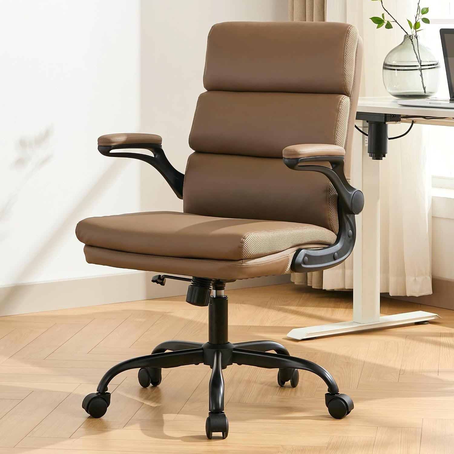 LukkDys Executive Office Chair with Flip-Up Armrests, 3-Stage Lumbar Support, Ergonomic Mid Back PU Leather Swivel Chair, Comfy Desk Chair with Tilt & Wheels, Height Adjustable for Home Office, Tan