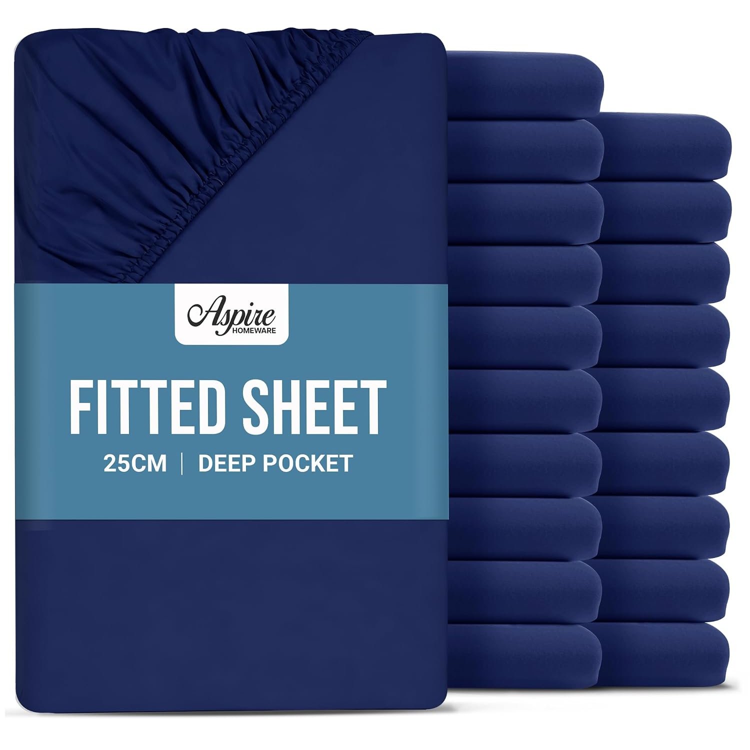 Aspire Homeware Single Fitted Sheet 20 Pack - 25 cm Deep Hotel Quality (Navy) Bed Sheets - Soft & Breathable Fitted Sheet Single Bed - Anti-Wrinkle Easy Care Fitted Sheets