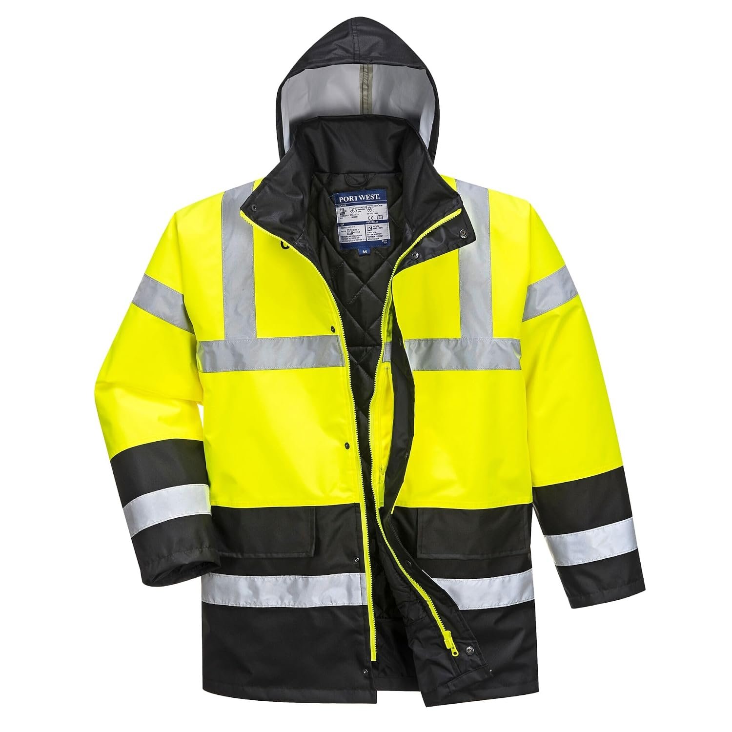 Portwest S466 Hi-Vis Contrast Winter Traffic Jacket Mens Waterproof Reflective Safety Workwear Cold Weather Protection 300D Industry High Visibility, Yellow/Black, XL