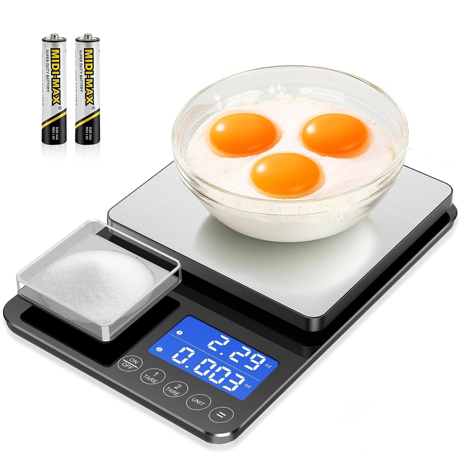 KUAIVO Kitchen Scales, 15 kg Max / 0.01 g Precision Dual-Range Food Scales with Accumulation, Tare Function, 7 Units, Digital Kitchen Scales for Cooking and Bread Baking, Batteries Included