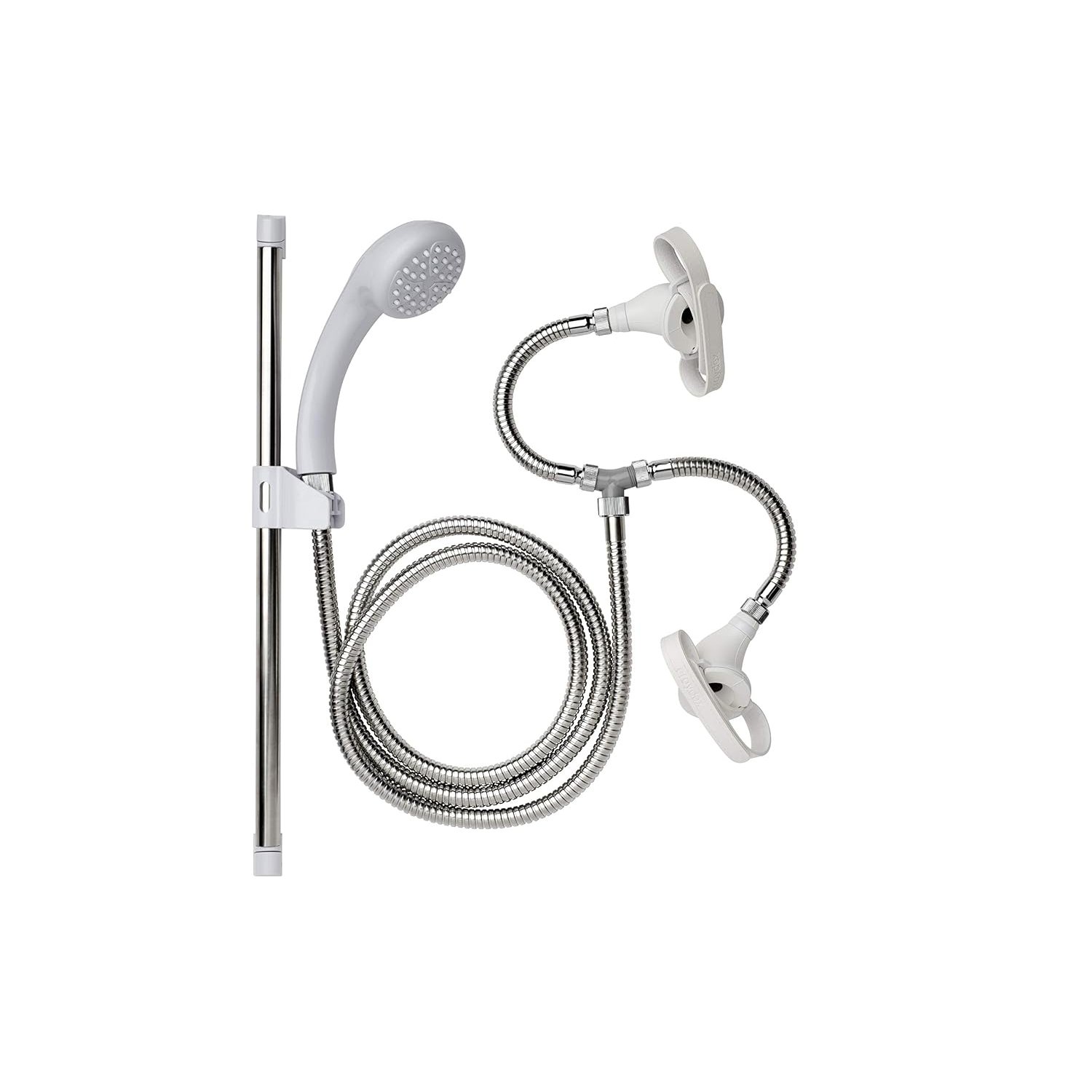 Croydex Secura Shower Head and Hose Attachment for Bath Taps - Multipurpose Stainless Steel Shower Hose, Complete Set with Riser Rail, Easy Push-On Design with Straps for Bathroom, Kitchen, Pet Shower