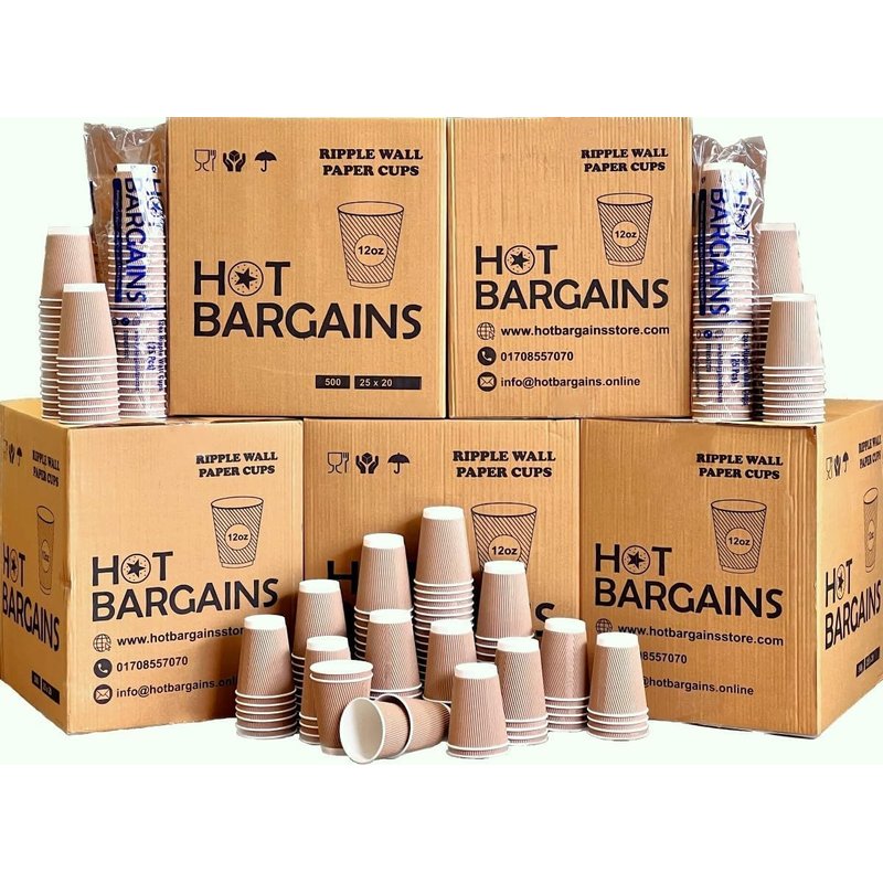 HOT BARGAINS 500 x Kraft 12oz Disposable Coffee Cups Ripple 3 Ply Disposable Paper Cups for Tea Coffee Hot Drinks