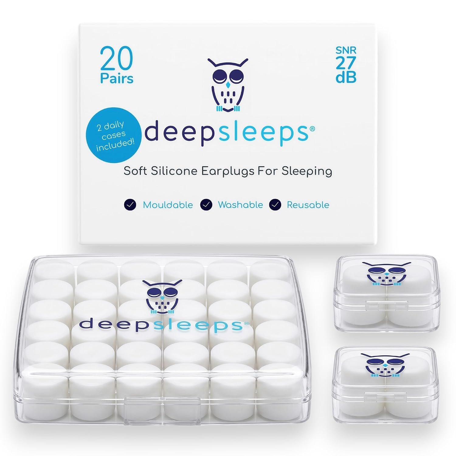 Deep Sleeps Silicone Ear Plugs for Sleeping – 20 Pairs Soft Reusable Moldable Earplugs with 2 Travel Cases, Noise Reduction for Snoring, Travel, Camping & Side Sleepers