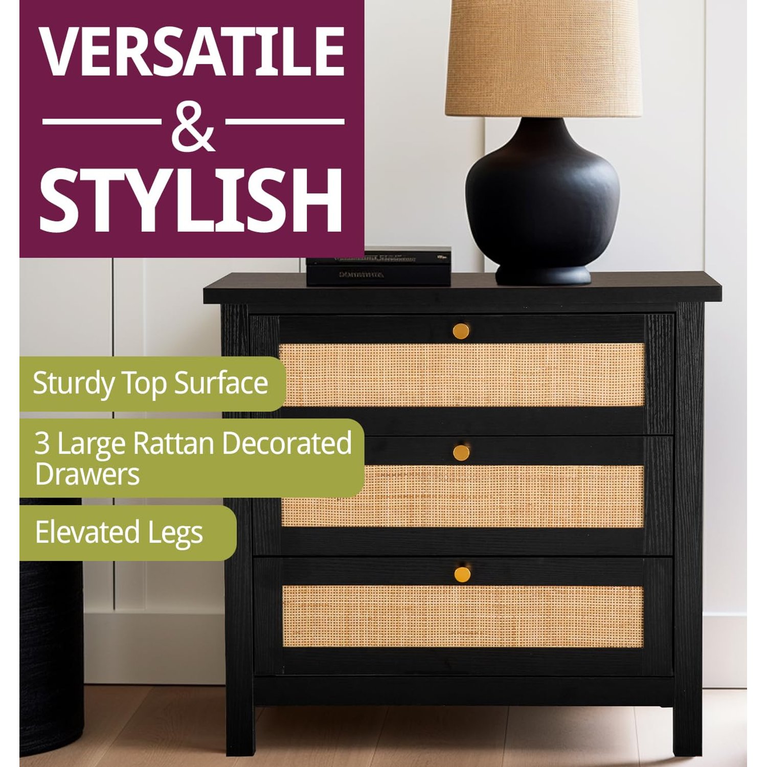 Hallowood Furniture Newquay Chest of Drawers, 3 Drawers with Rattan Front Room Furniture for Bedroom, Living Room & Hallway, Multifunctional Black Bedside Drawers