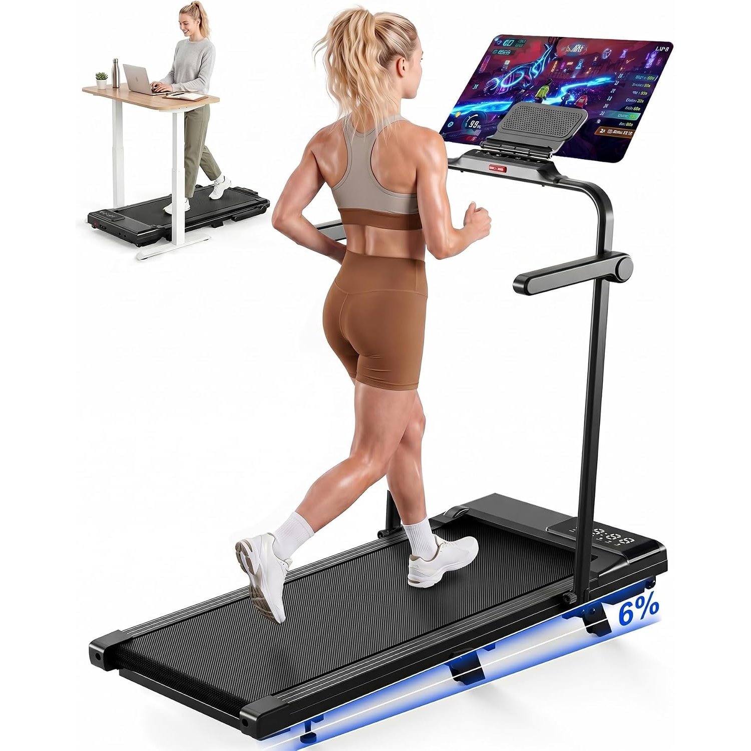 Superun Raceable 6% Incline Walking Pad, 6/12km/h Foldable Treadmill
