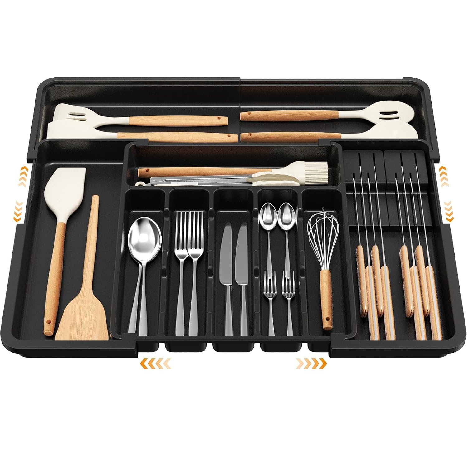 Euqvunn Cutlery Drawer Organiser, Expandable Large Utensil Holder with 2 Removable Knife Blocks, 6-9 Slots Adjustable Cutlery Tray for Kitchen Drawer, Compact Plastic Storage for Forks Knives(Black)