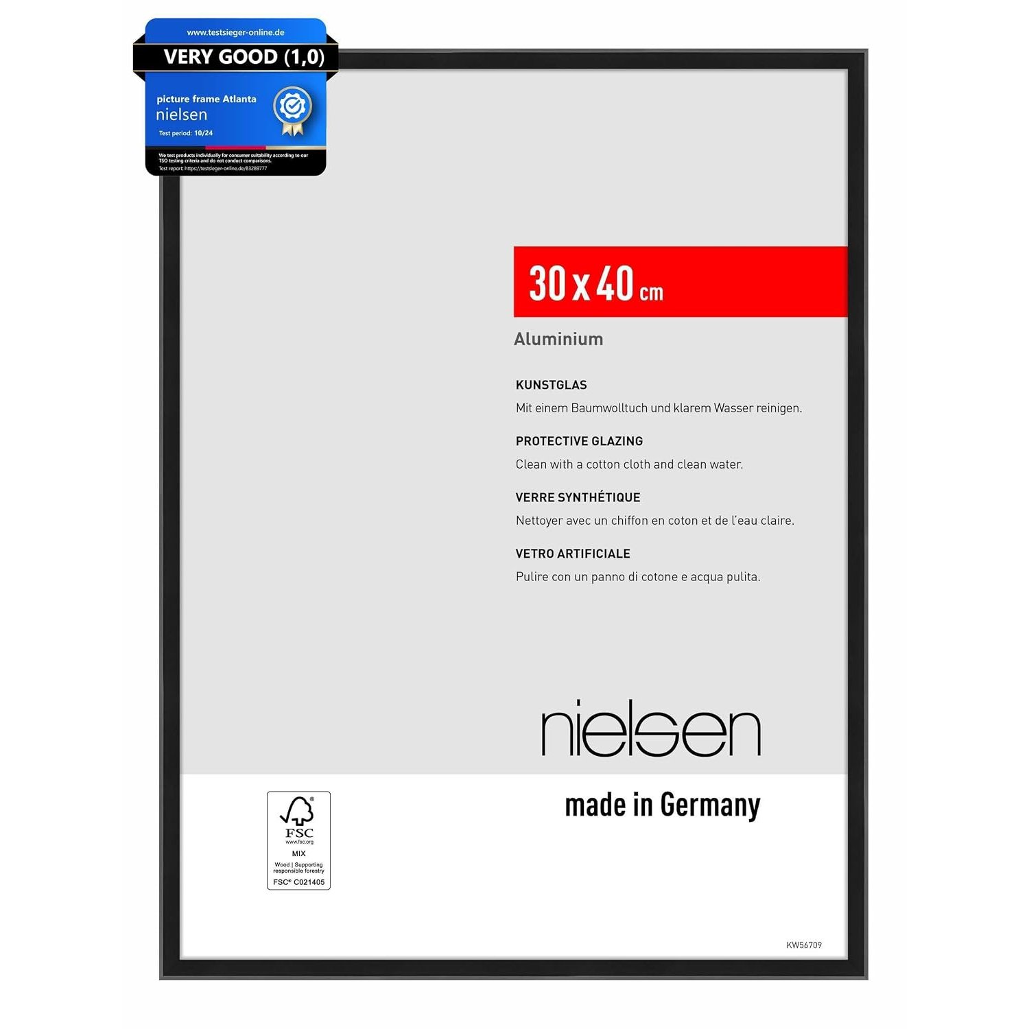 nielsen Atlanta Aluminium Picture Frame - Frosted Black 30x40cm - with Synthetic Glass and Push-Turn Clips