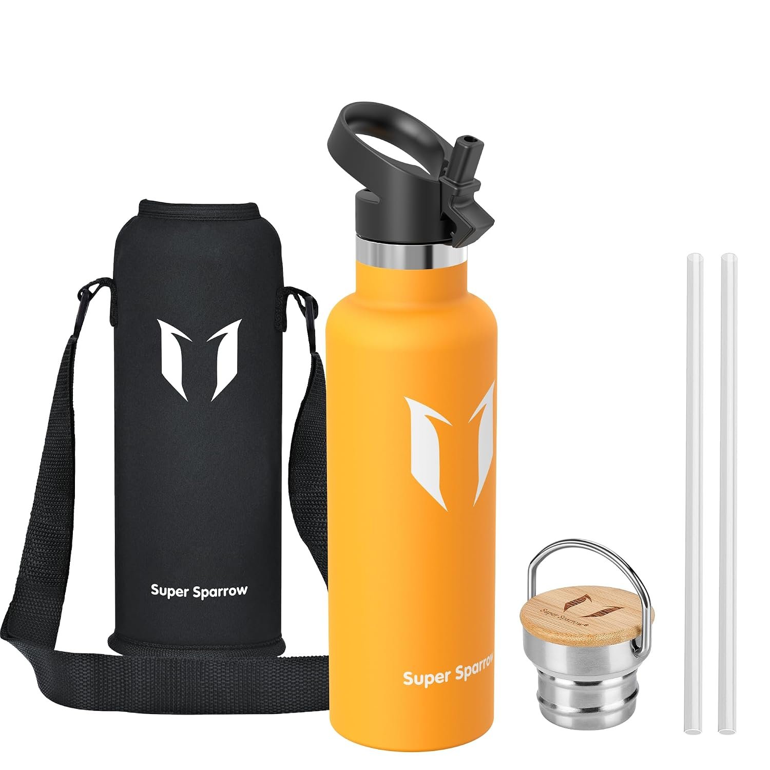 Super Sparrow Water Bottle Stainless Steel - 750ml - Insulated Metal Water Bottles - Standard Mouth Flask - BPA Free - Straw Bottle for Work, Gym, Sports - 2 Lids