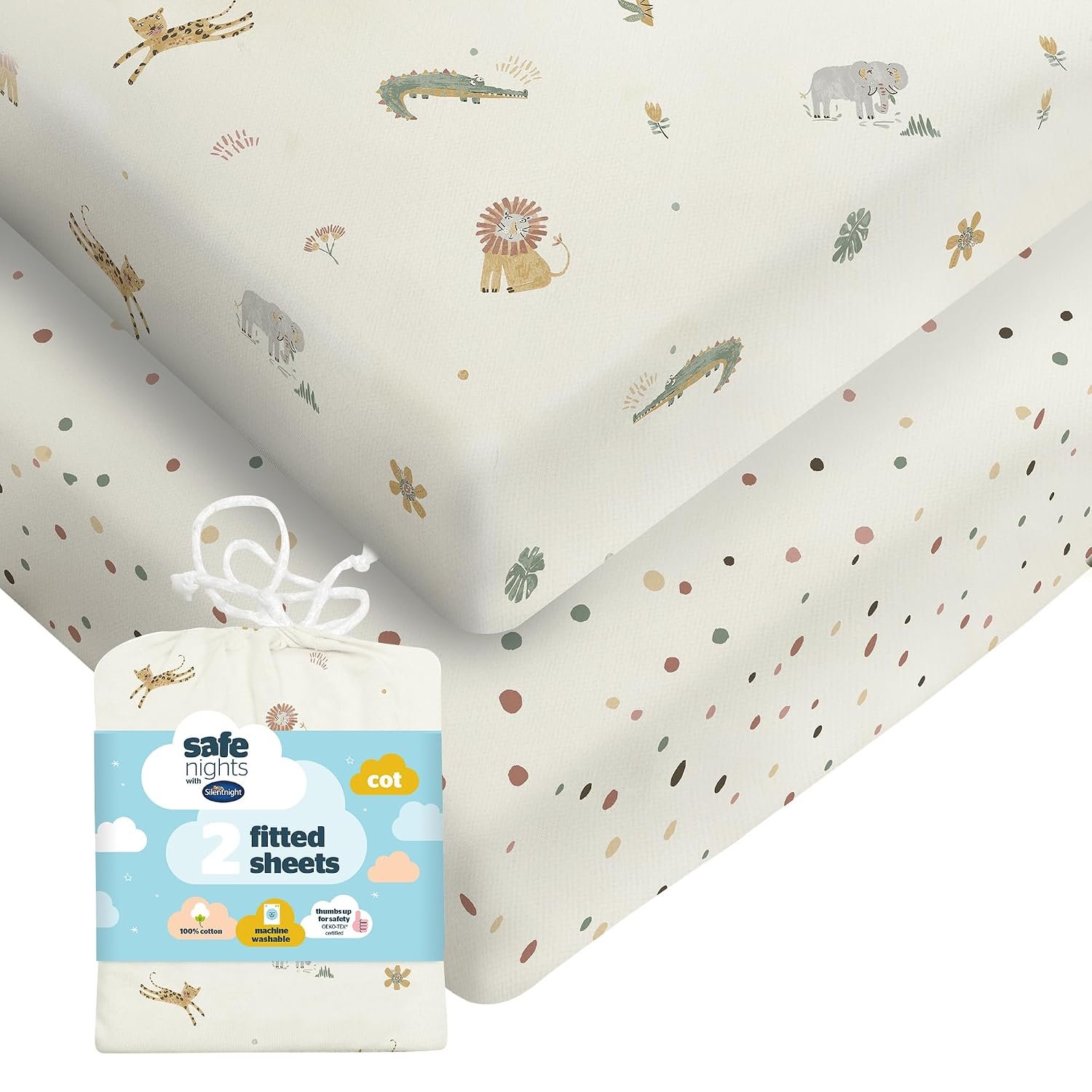 Silentnight Safe Nights Fitted Sheet - Cot Mattress - Breathable 100% Cotton Jersey - Super Soft Kind to Baby Skin - Secure Fit with Elasticated Corners - 2 Pack, Cot, Safari