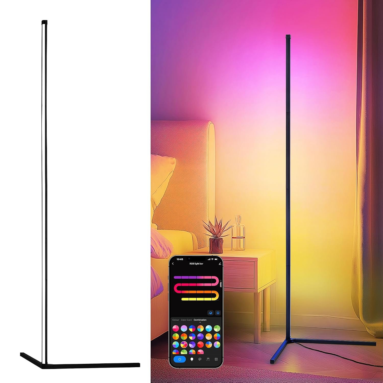 LuminexDesigns LED Corner Floor Lamp - Smart RGBIC Standing Lamp Black 150cm Dimmable Alexa Remote App Control Modern Mood Ambient Light Bar Music Sync for Living Room Bedroom Party TV VYBE Floor