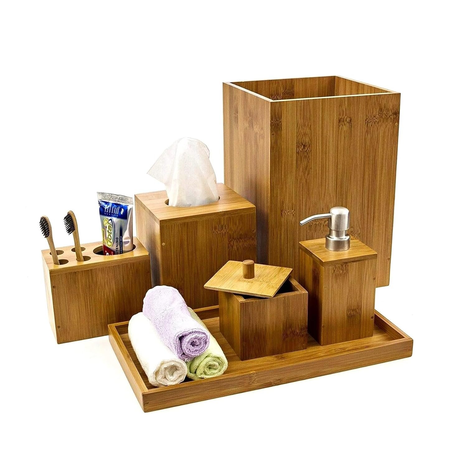 Bamboo Toilet Bathroom Accessory 6pc piece Set Soap Dispenser Soap Dish Toothbrush Holder Tray Toilet Bin Tray Toilet Set Compact Bath Set Natural Colour