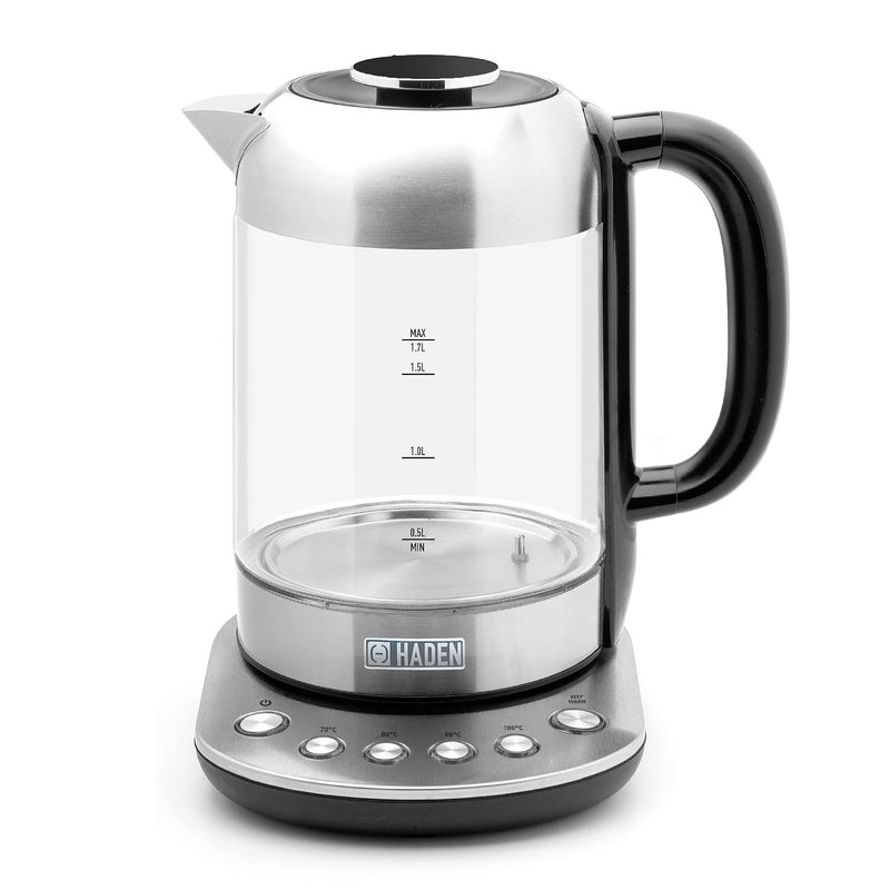 Haden Richmond Kettle – Electric Variable Temperature Fast Boil Kettle, 3000W, 1.7Litre, Brushed Stainless-Steel & Glass