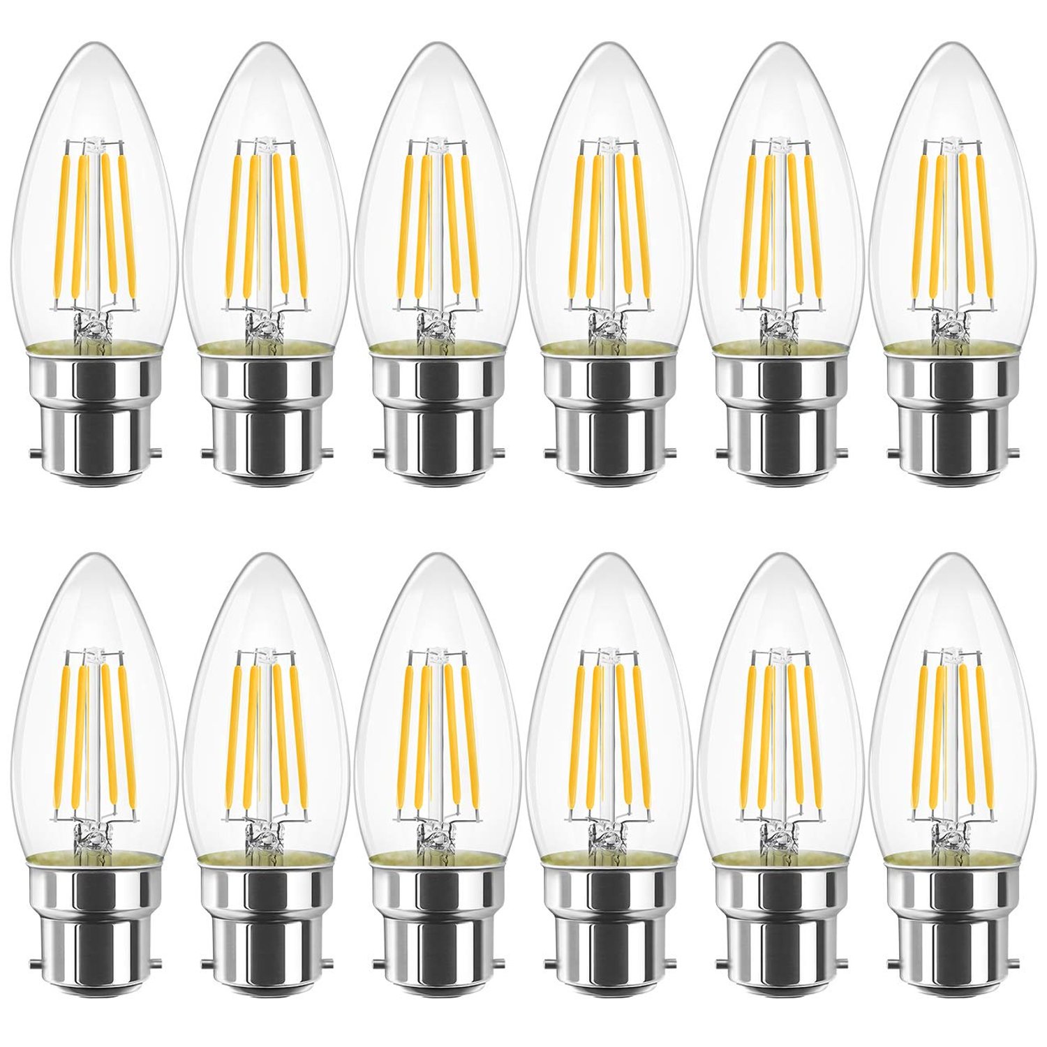 LVWIT B22 LED Filament Candle Bulb, C35 Bayonet Light Bulbs,470Lm, 4W Replace 40Watt,2700K Warm White Candle Bulbs for Chandeliers Fittings Non-Dimmable (12 PCS)