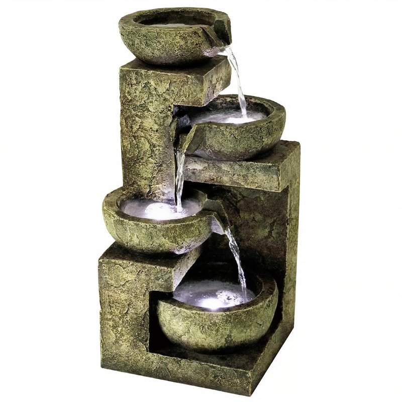 GEEZY Garden Water Feature – 4 Tier Fountain with LED Lights – Mains Powered, Self-Contained, Indoor & Outdoor – Easy Setup, Cascading & Tranquil – Great for Garden, Home, Patio & Balcony Decor