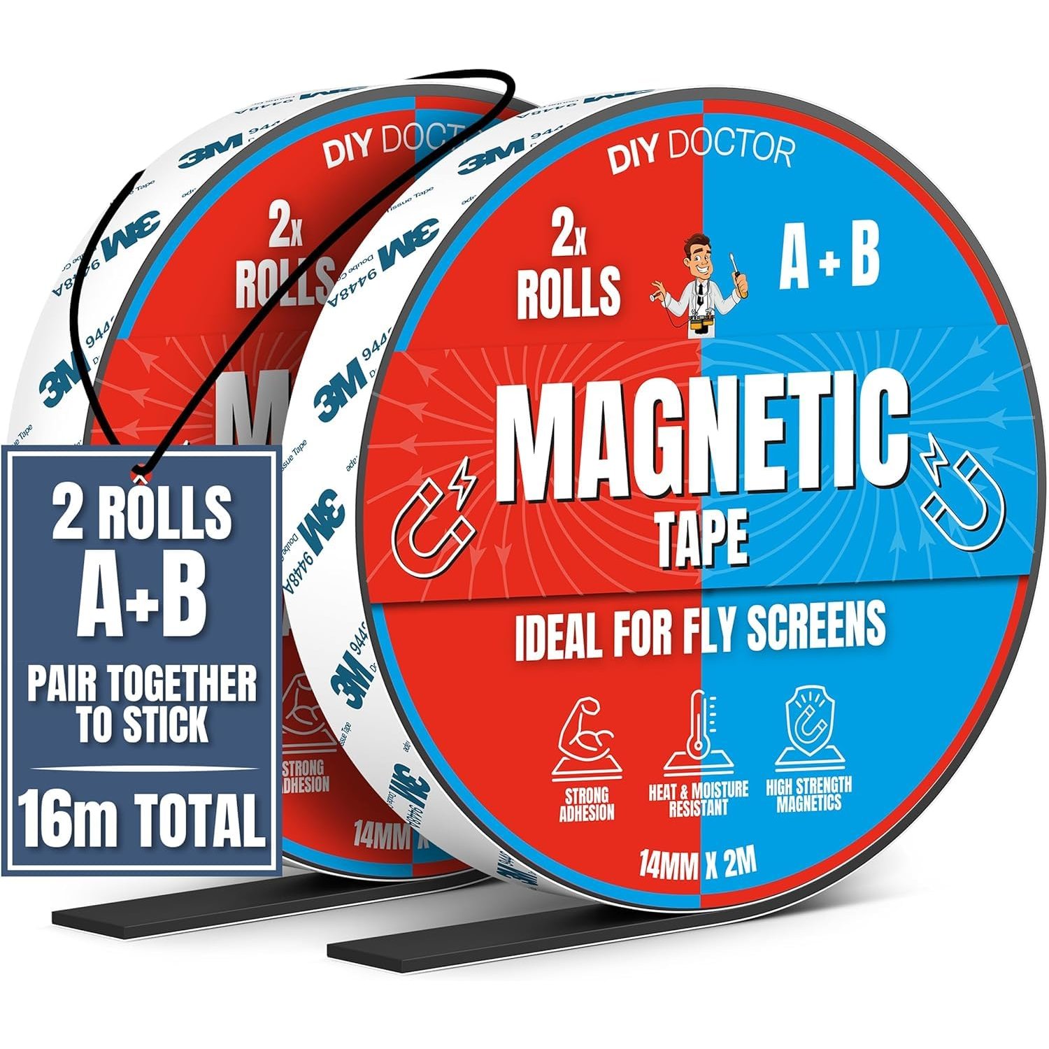 DIY Doctor A+B Magnetic Tape - Magnetic Strips Self Adhesive - 1 Pack - 8m + 8m A and B Polarity - Cut To Fit Magnetic Strip - Self Adhesive Magnets - Magnet Strips