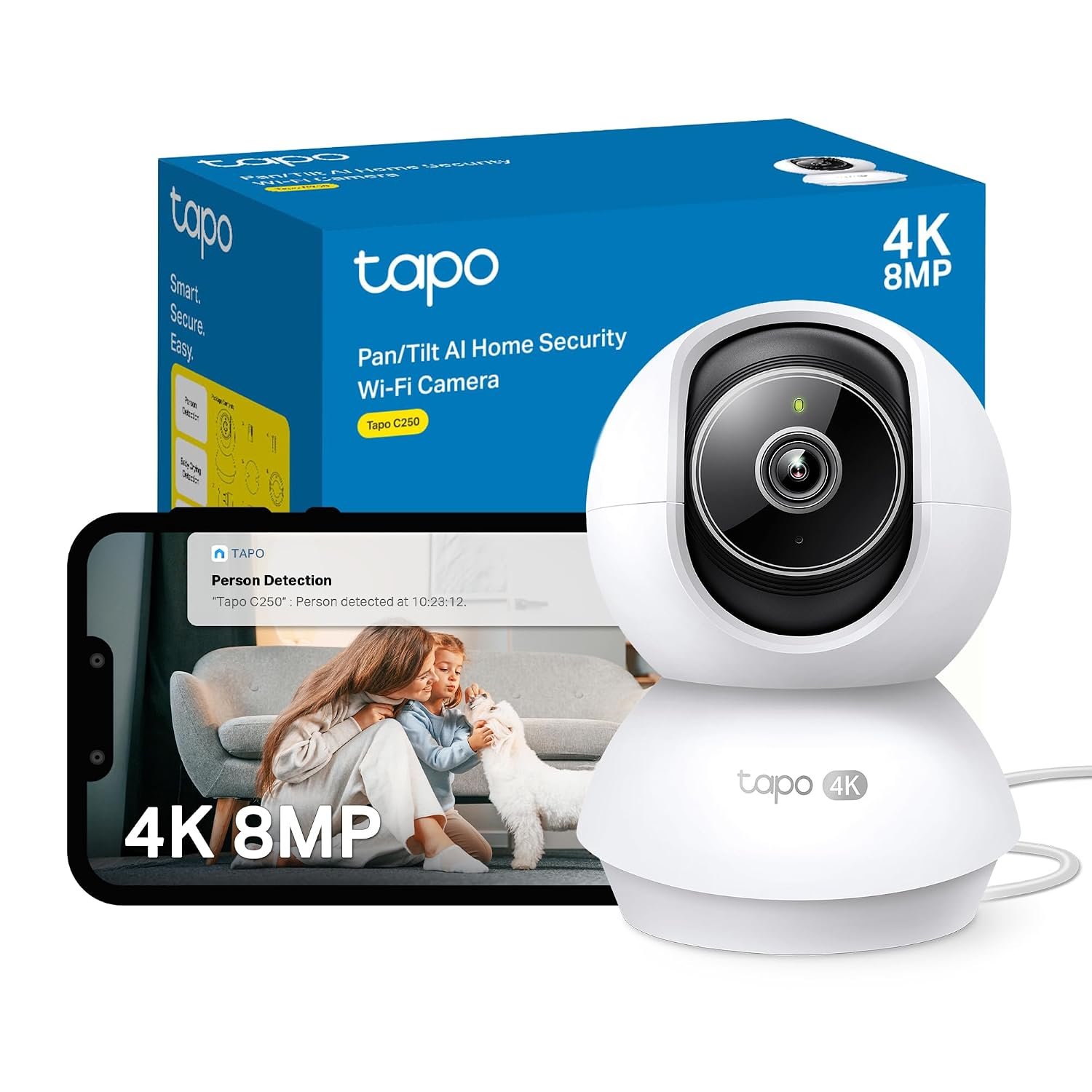 Tapo NEW C250 4K 8MP Pan/Tilt Indoor House Security Camera,Pet Camera, Baby Camera Monitor, Auto Tracking, AI Detection, IR Night Vision, Flexible Storage,Customisable Zones, Alexa & Google