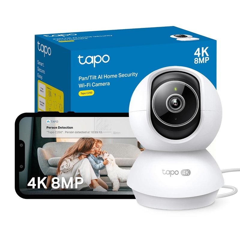 Tapo NEW C250 4K 8MP Pan/Tilt Indoor House Security Camera,Pet Camera, Baby Camera Monitor, Auto Tracking, AI Detection, IR Night Vision, Flexible Storage,Customisable Zones, Alexa & Google