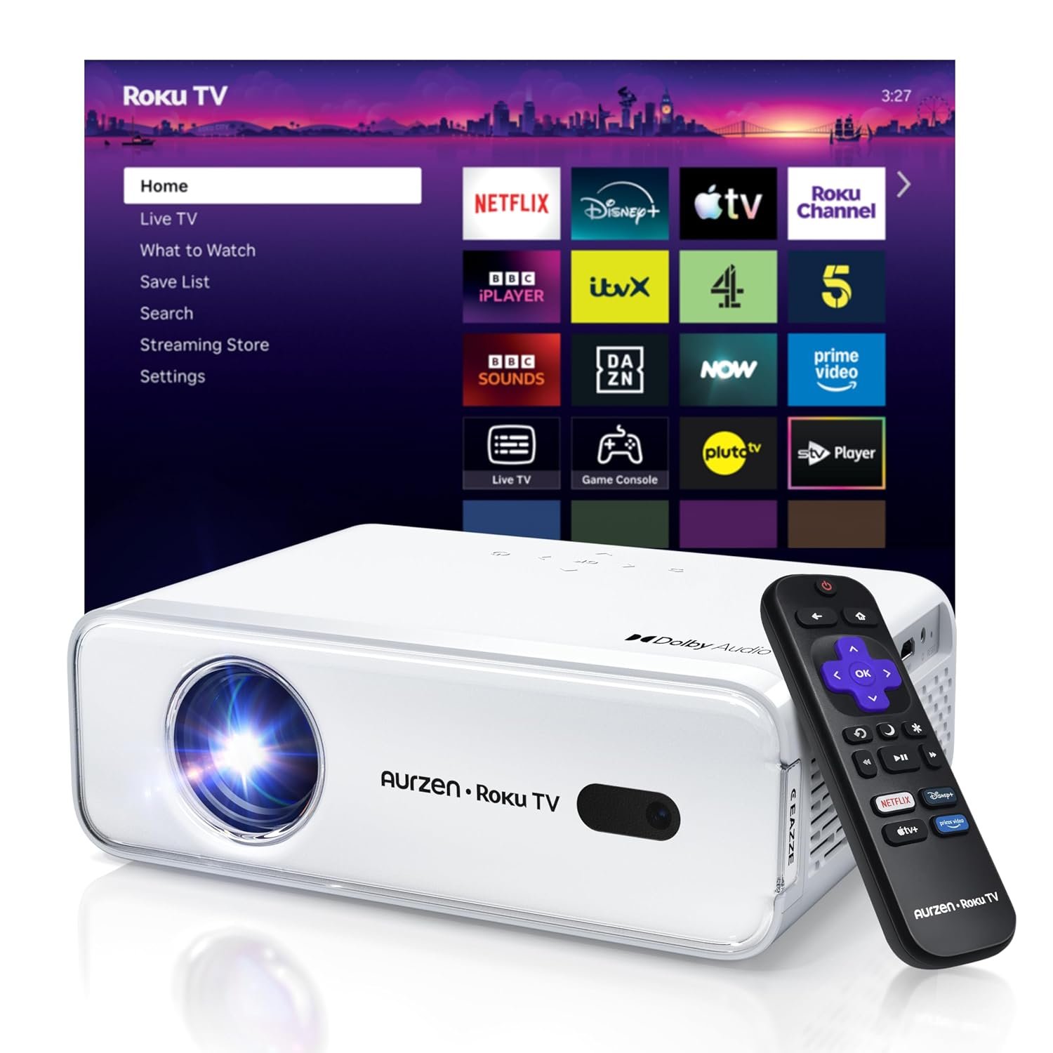 Aurzen Roku TV Smart Projector for Bedroom, Roku Streaming Experience Built-in, 1080P FHD, Dolby Audio, Auto Focus & Keystone, Zoom, Portable Mini Projector for Outdoor Movie, White