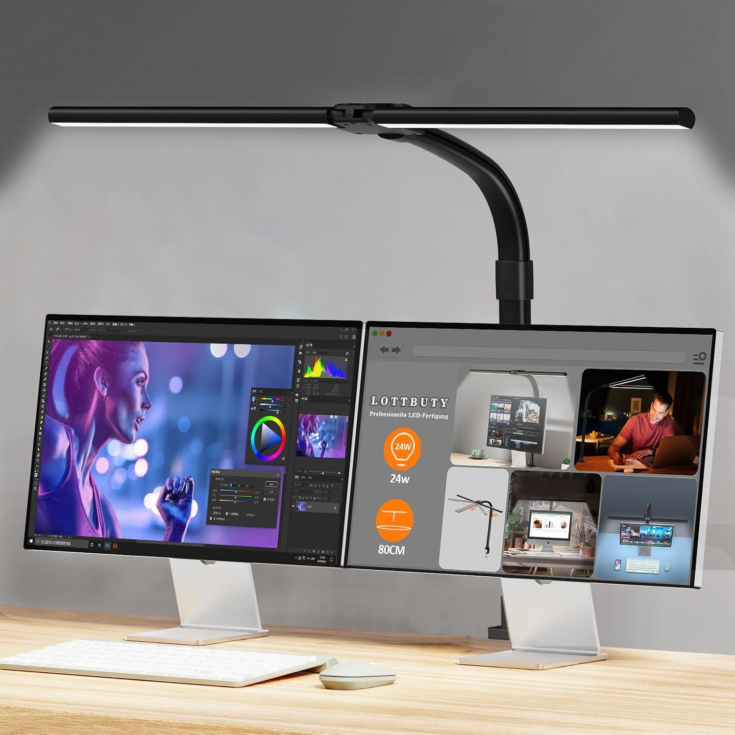 LOTTBUTY LED Desk Lamp for Study,24W Double Head Desk Lamps Office,Eye Protection Desk Light with Clamp,25 Lighting Modes,Monitor Light Bar for Study/Working/Computer/Reading/Workbench/Painting