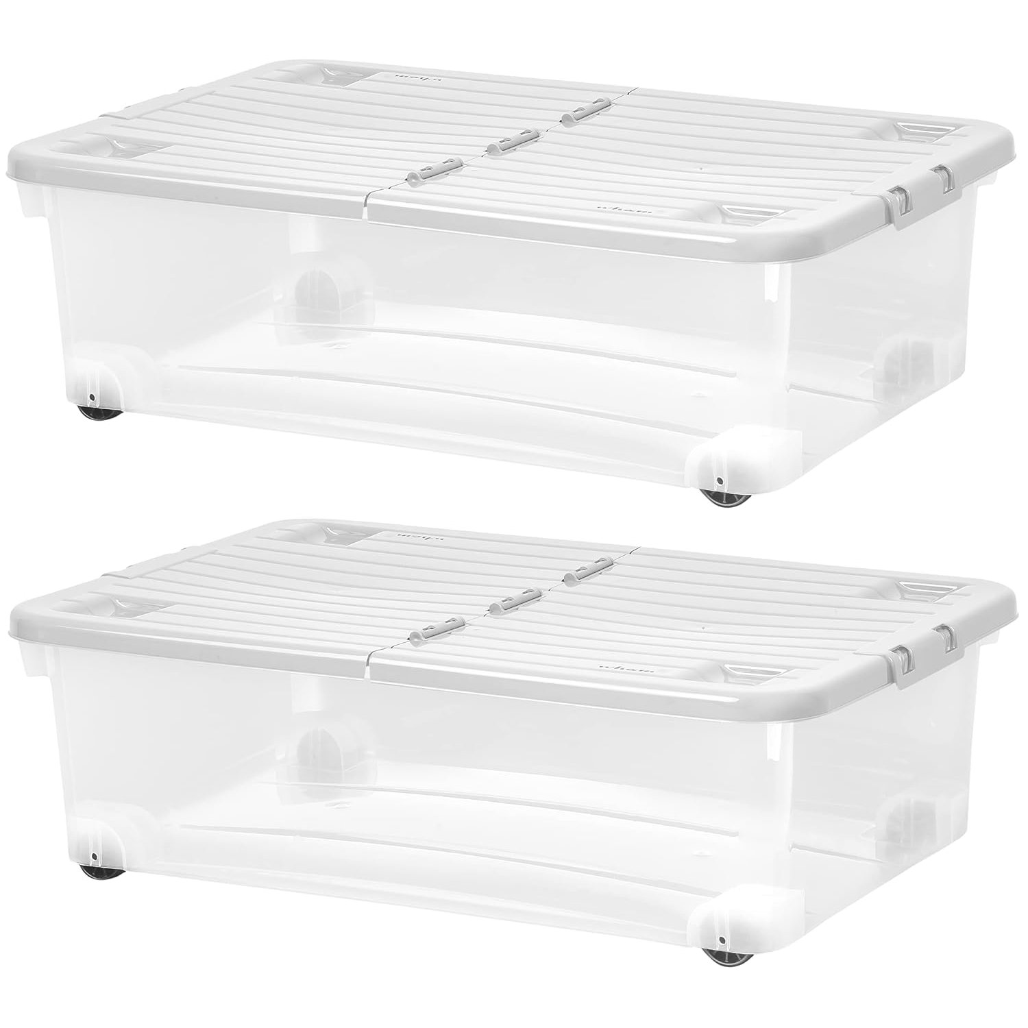 Muddy Hands Pack of 2 Under Bed Storage Boxes with Lids & Wheels - 32 Litre Large Clear Plastic Stackable Containers for Clothes, Bedding & Shoes (60 x 40 x 18.5cm)
