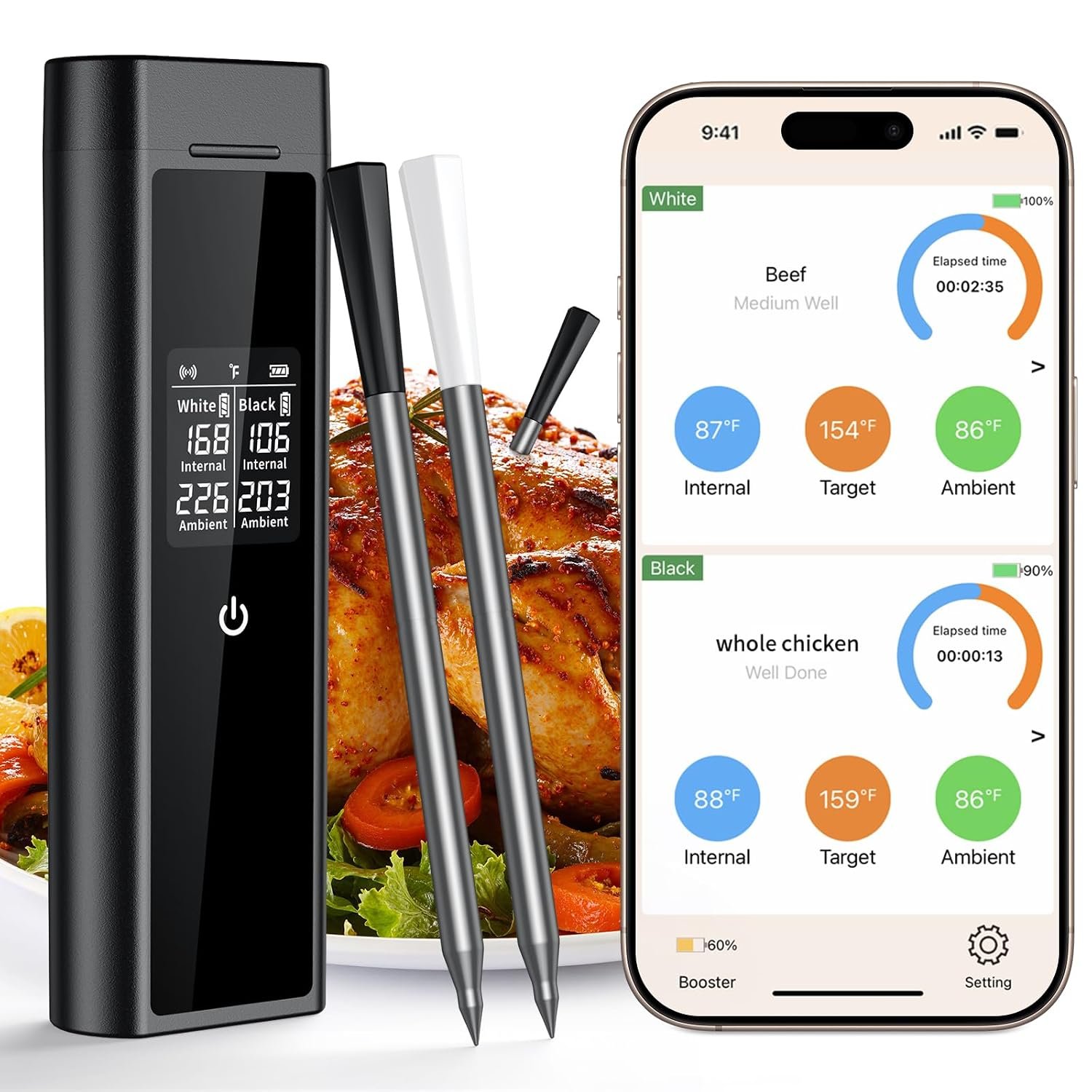 Meat Thermometer Dual Probe Wireless with Free Smart App Audible Alarm 250M Range IP67 Waterproof Digital Remote Monitoring of Food Cooking Oven Grill Kitchen BBQ Smoker & Air Fryers, Dishwasher Safer