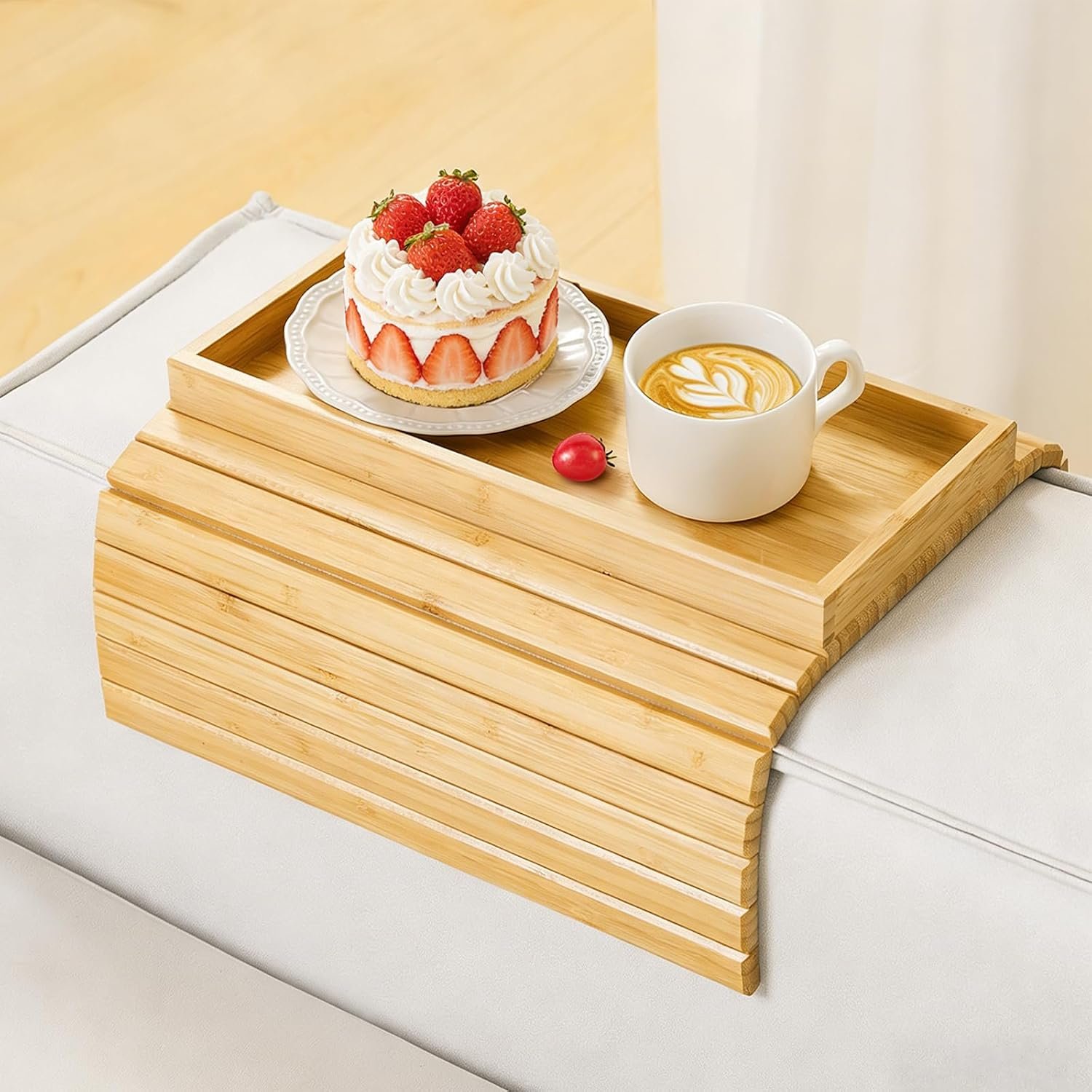 Kssiaz Couch Arm Tray, Bamboo Sofa Tray Table for Couch, Sofa Armrest Table, Anti-Slip Armrest Organizer, Foldable Cup Holder for Snacks, Phone, Control, Cups, Natural