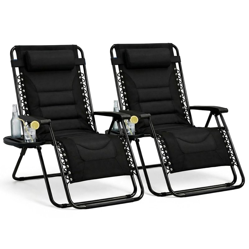 Straame XXL Padded Zero Gravity Chairs Set of 2, Folding Reclining Garden Chairs, Camping Chair Sun Loungers, Lockable 160° Patio Recliners with Adjustable Headrest(Padded, Black)