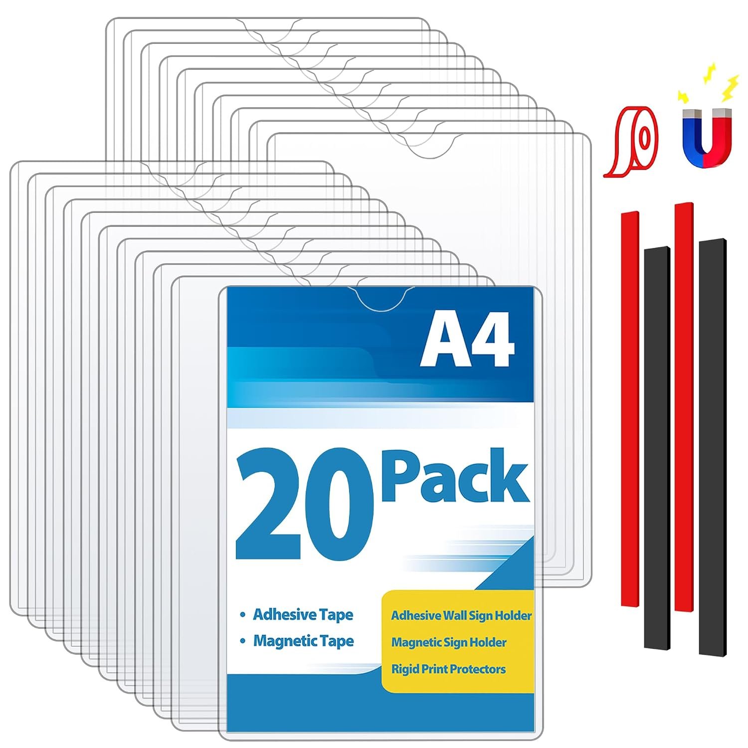VAIIGO A4 Wall Sign Holder Magnetic Frame, 20 Pcs Magnetic Sign Holder, Rigid Print Protectors with Adhesive and Magnetic Tapes, Wall Poster Display Plastic Paper Holder for Office, Home, Store