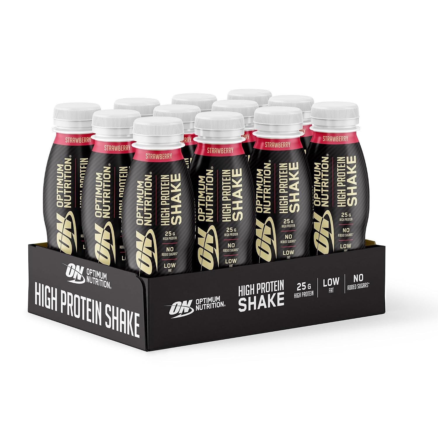 ON High Protein Shake Bottles, Ready To Drink Healthy Snacks, No added sugars, low fat, Post Workout Snack for Men and Women, Strawberry Flavour, 12x330ml, Packaging may vary